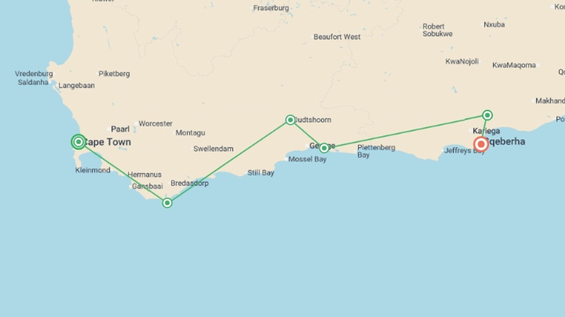 A map showing the tour itinerary for the trip: Cape Town, Garden Route & Addo Adventure 10D/9N, starting in Cape Town, South Africa and ending in Port Elizabeth, South Africa going through 2 other destinations.
