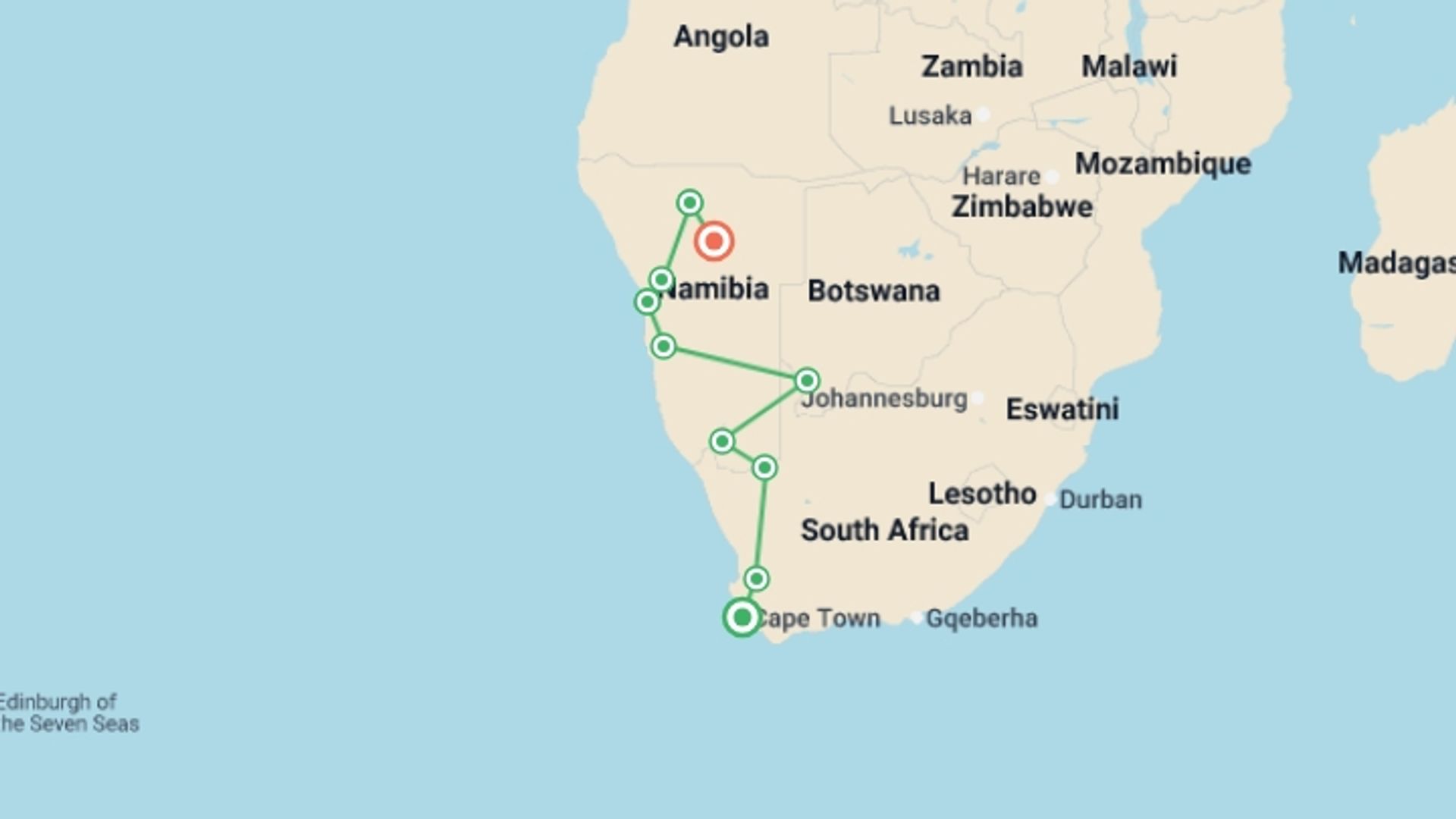 A map showing the tour itinerary for the trip: Cape Town, Kruger, & Victoria Falls Wildlife Safari, starting in Cape Town, South Africa and ending in Victoria Falls, Zimbabwe going through 5 other destinations.