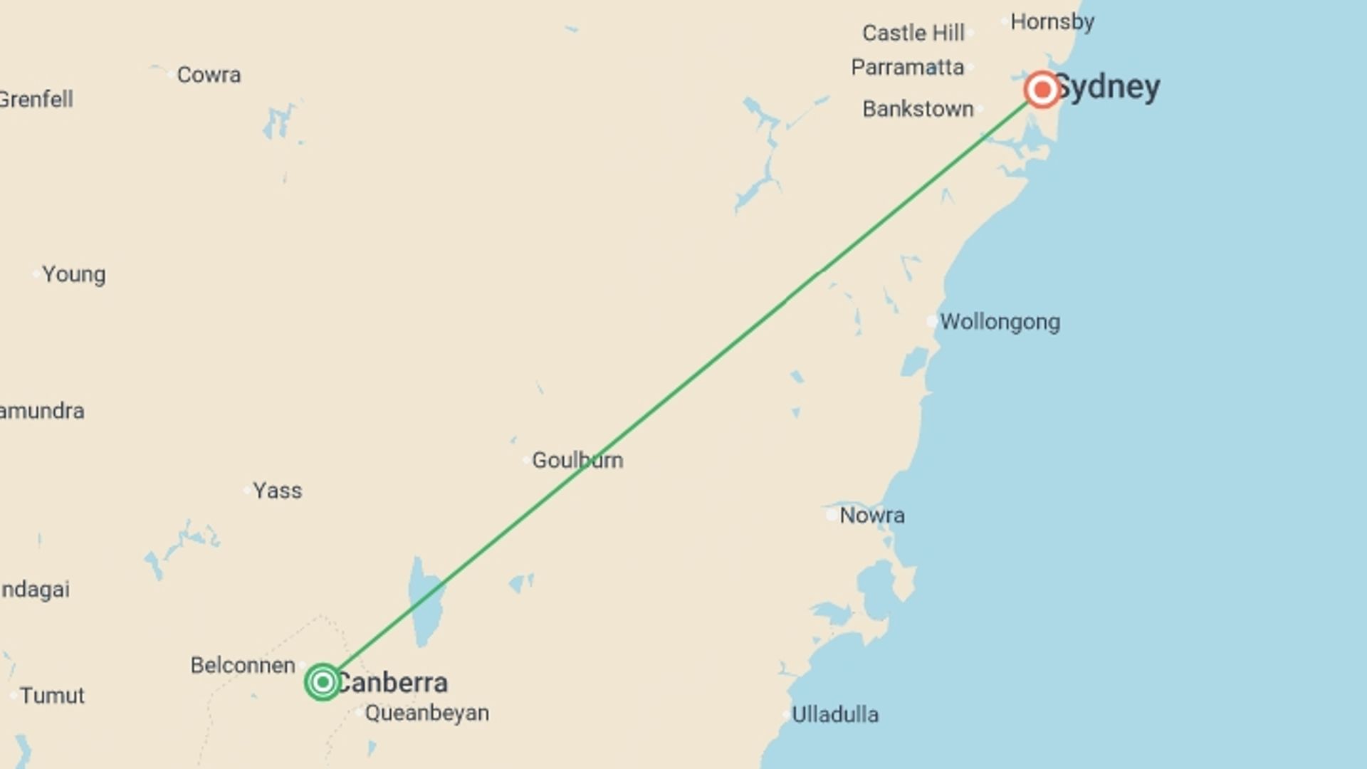 A map showing the tour itinerary for the trip: Capital Blooms, starting in Australia and ending in Australia going through 2 other destinations.