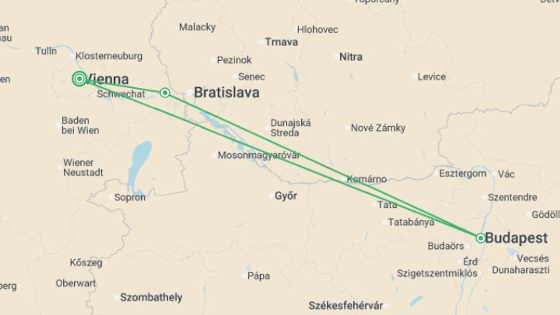 A map showing the tour itinerary for the trip: Capital Cities Along the Danube (port-to-port cruise), starting in Vienna, Austria and ending in Vienna, Austria going through 4 other destinations.