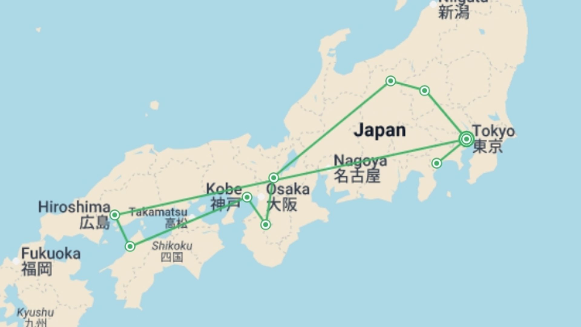 A map showing the tour itinerary for the trip: Capitals of Japan with Mount Fuji, starting in Tokyo, Japan and ending in Tokyo, Japan going through 4 other destinations.