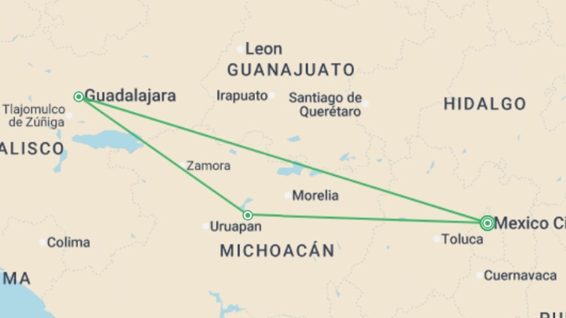 A map showing the tour itinerary for the trip: Capitals of Mexico, starting in Mexico City, Mexico and ending in Mexico City, Mexico going through 2 other destinations.