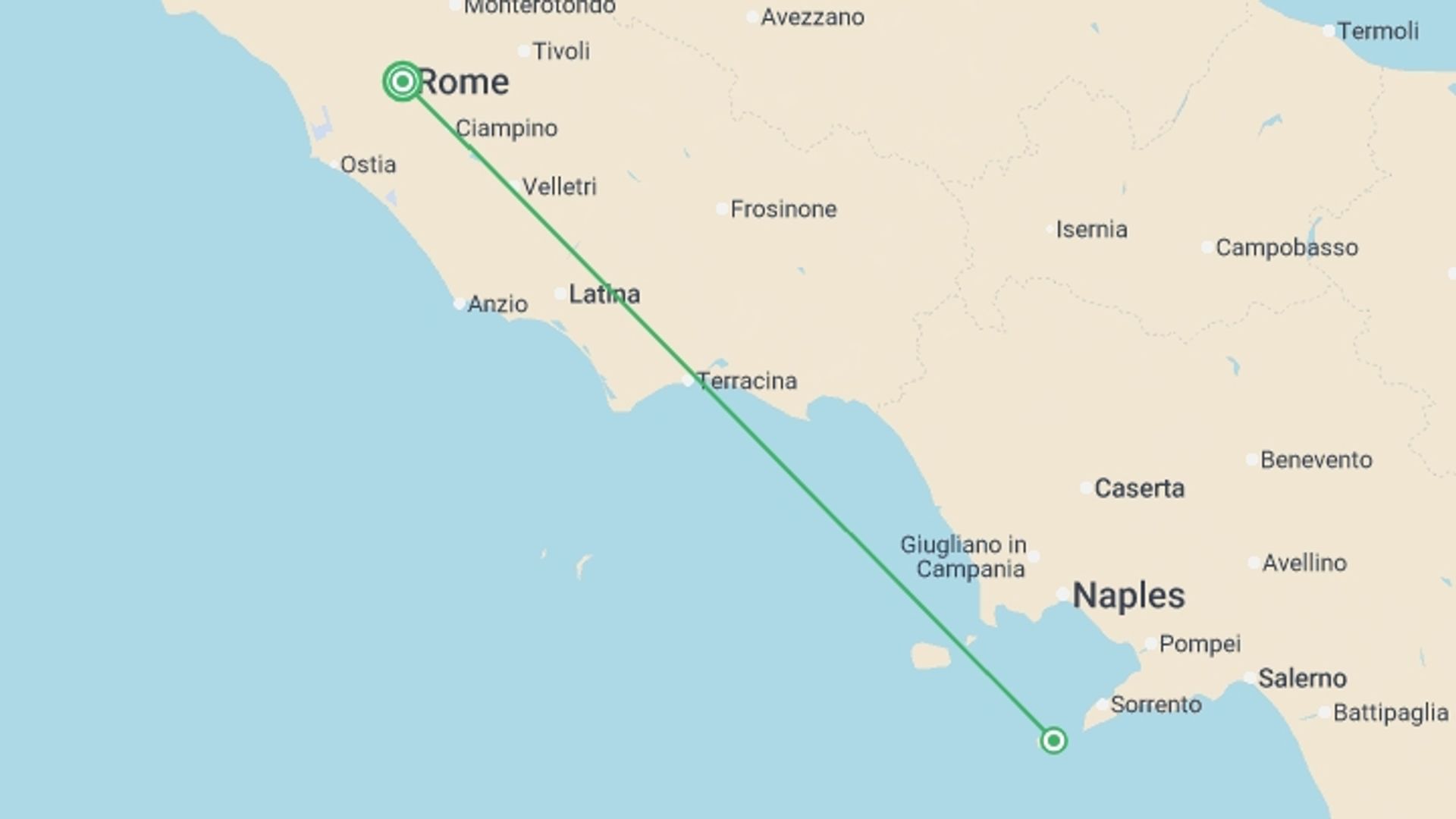 A map showing the tour itinerary for the trip: Capri Island Getaway, starting in Rome, Italy and ending in Venice, Italy going through 2 other destinations.
