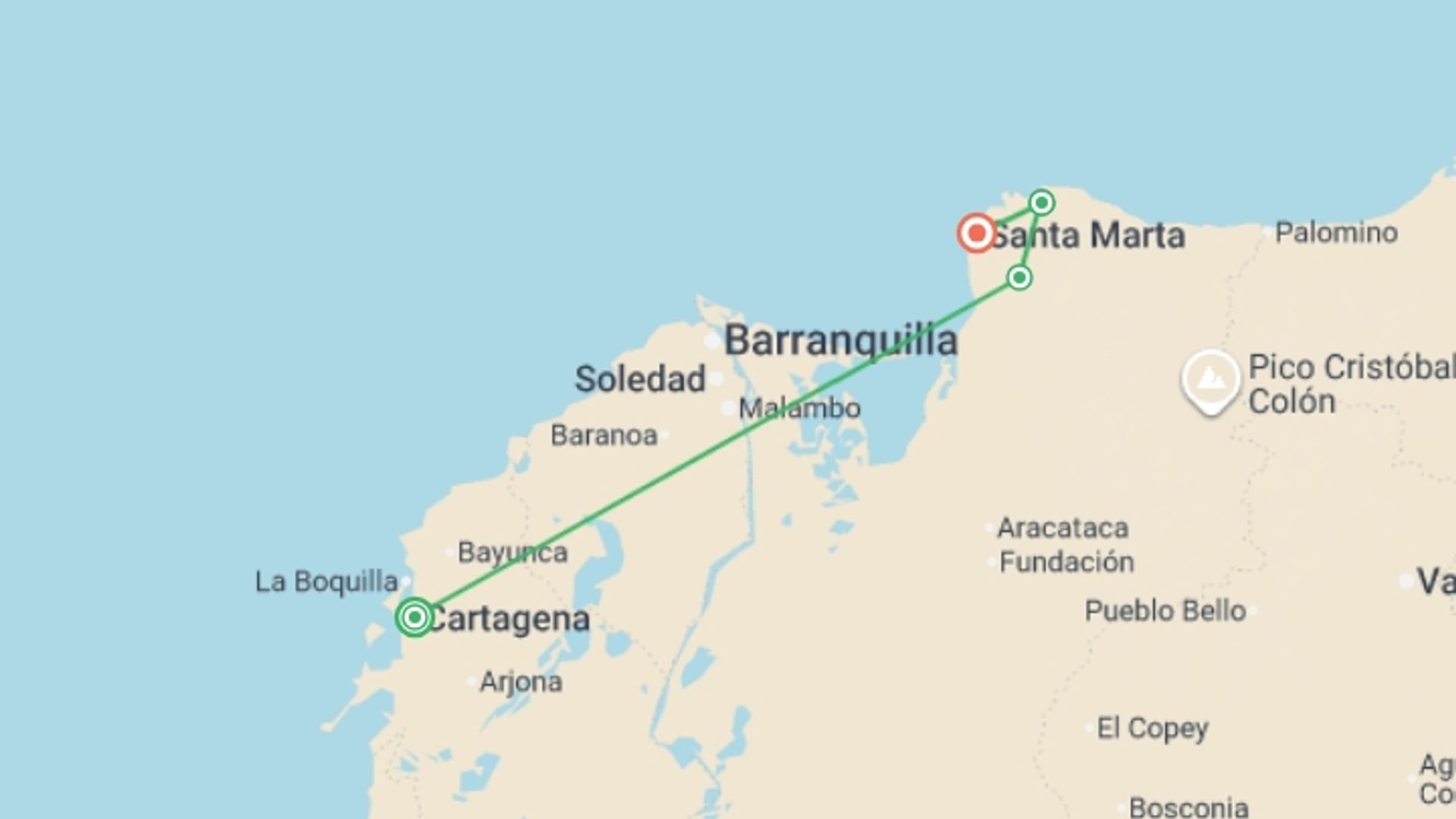 A map showing the tour itinerary for the trip: Caribbean Colombia Express, starting in Cartagena, Colombia and ending in Santa Marta, Colombia going through 2 other destinations.