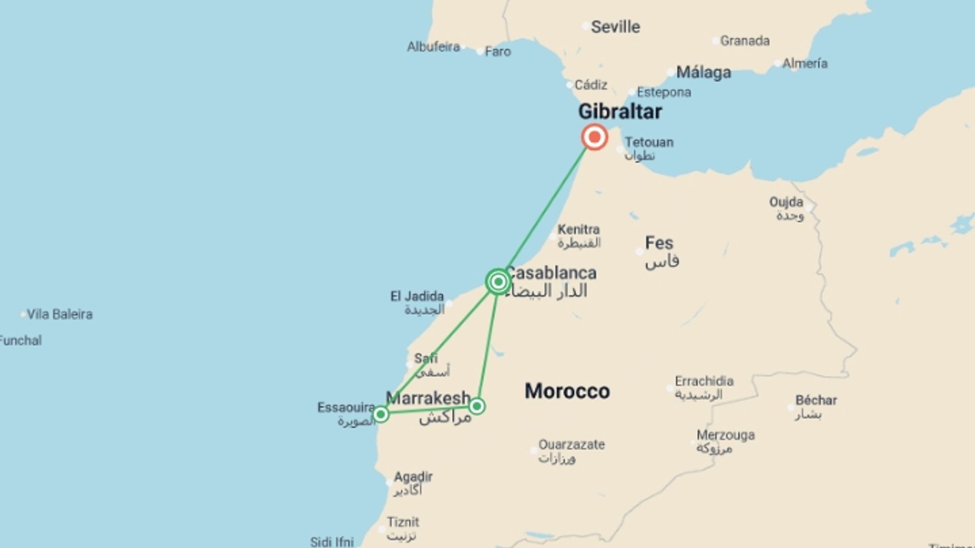 A map showing the tour itinerary for the trip: Casablanca, Coast & Tangier Solar Eclipse 2027 - 8 days, starting in Casablanca, Morocco and ending in Tangier, Morocco going through 4 other destinations.