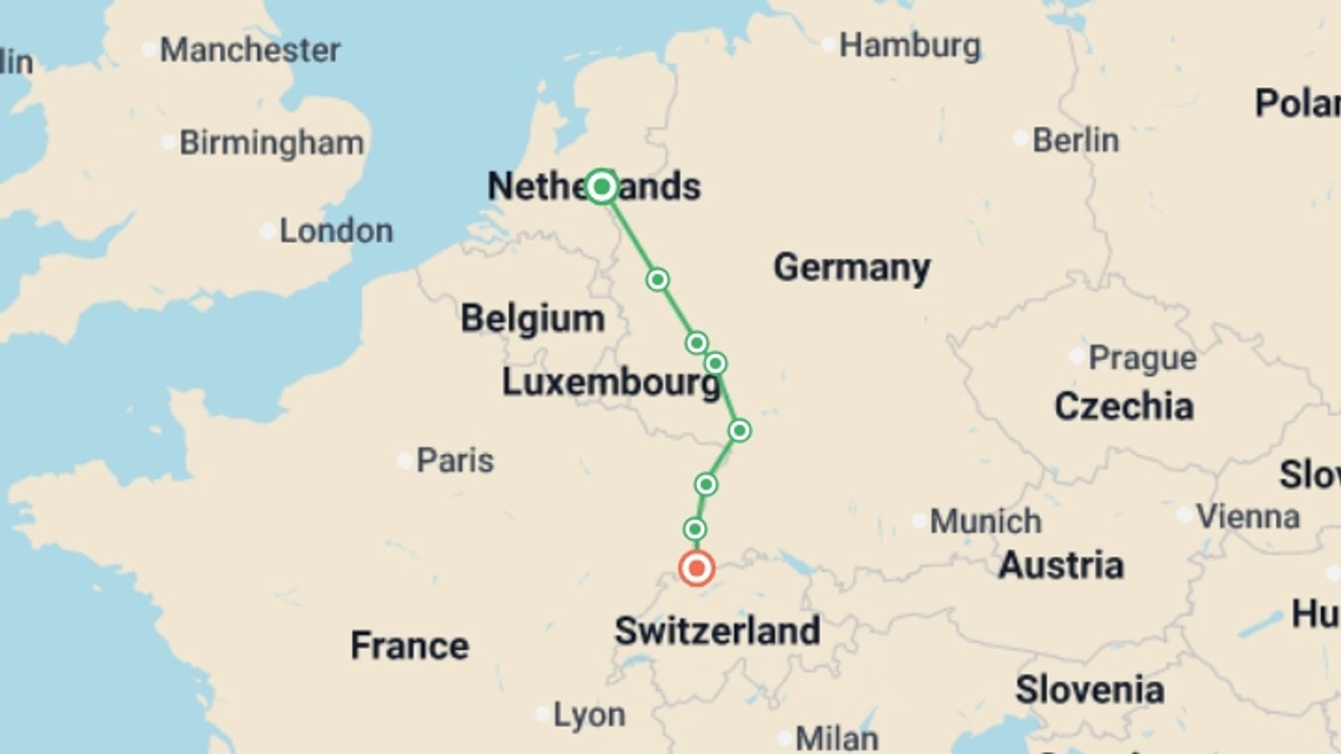 A map showing the tour itinerary for the trip: Castles along the Rhine (2028), starting in Amsterdam, Holland and ending in Basel, Switzerland going through 6 other destinations.