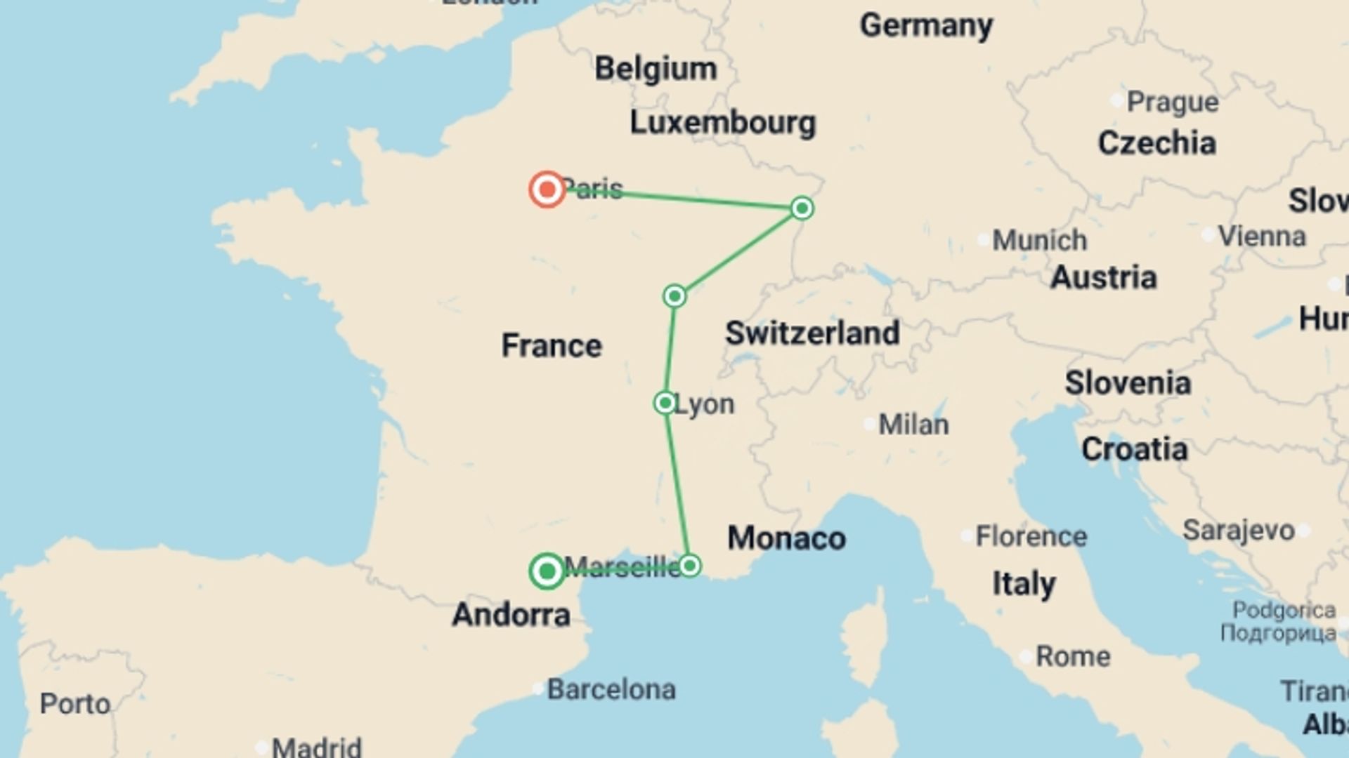 A map showing the tour itinerary for the trip: Catalonia, south of France, Burgundy and Alsace, starting in Barcelona, Spain and ending in Paris, France going through 7 other destinations.