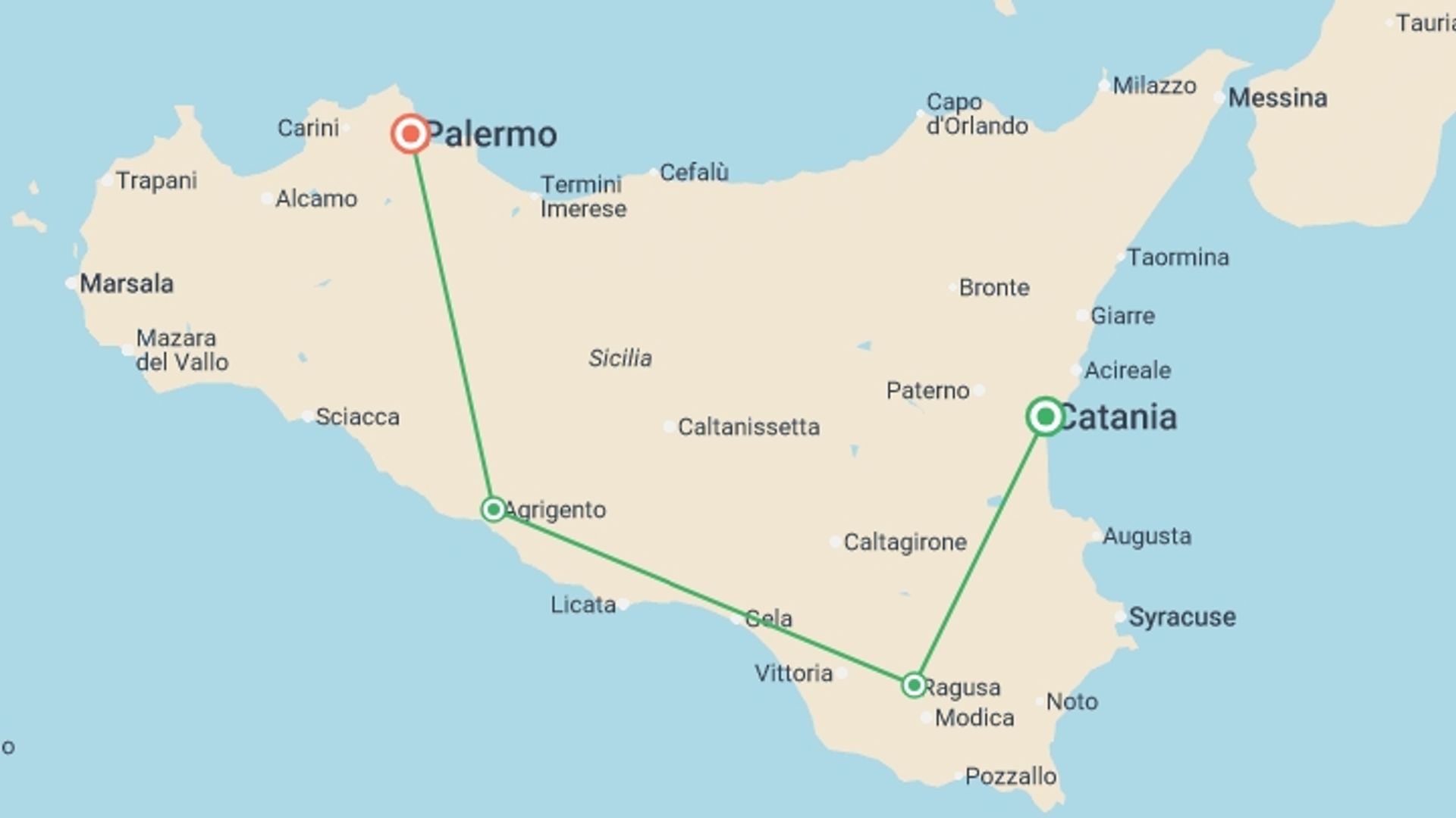 A map showing the tour itinerary for the trip: Catania to Palermo Express - 6 days, starting in Catania, Italy and ending in Palermo, Italy going through 2 other destinations.
