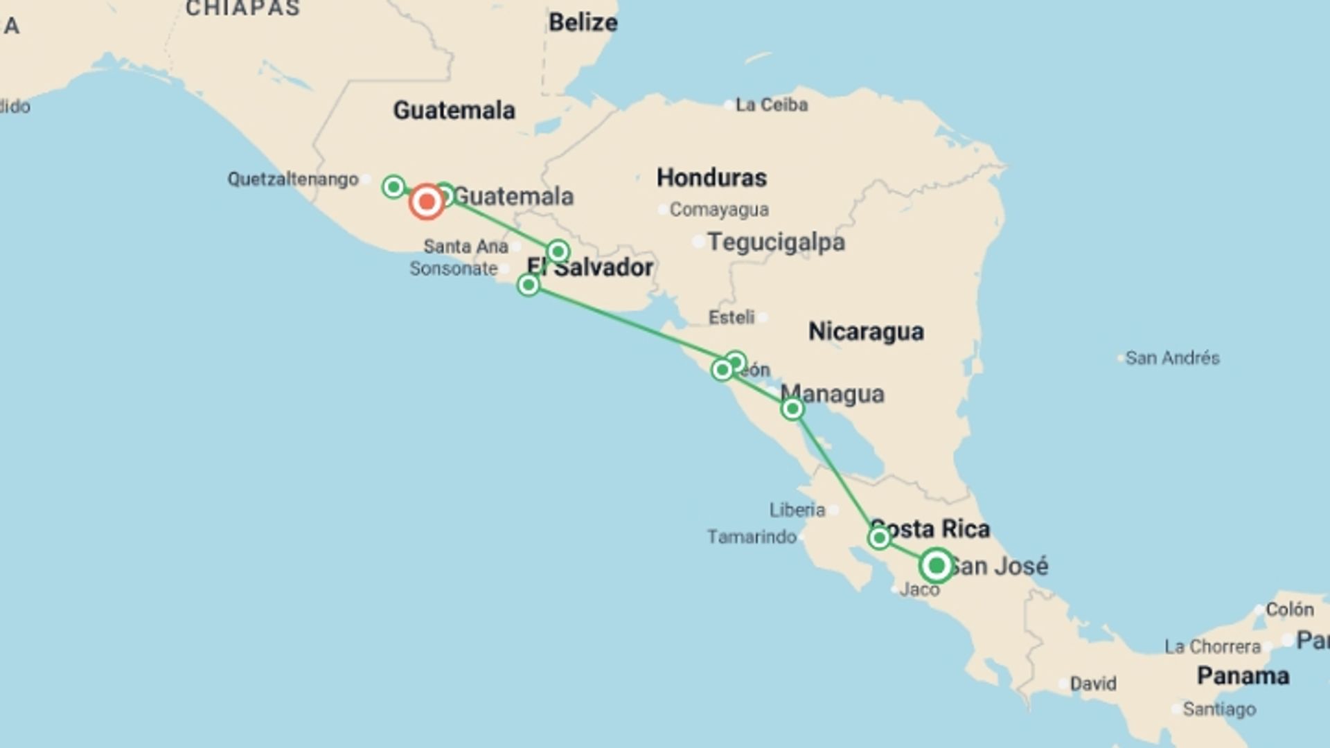 A map showing the tour itinerary for the trip: Central American Highlights, starting in San Jose, Costa Rica and ending in San Jose, Costa Rica going through 6 other destinations.