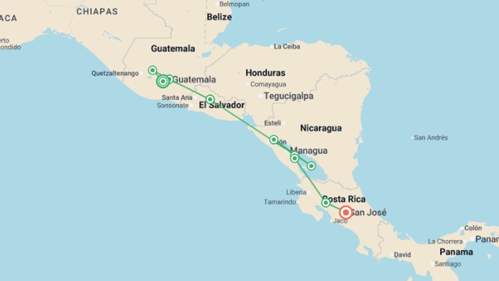 A map showing the tour itinerary for the trip: Central American Highlights, starting in San Jose, Costa Rica and ending in San Jose, Costa Rica going through 6 other destinations.