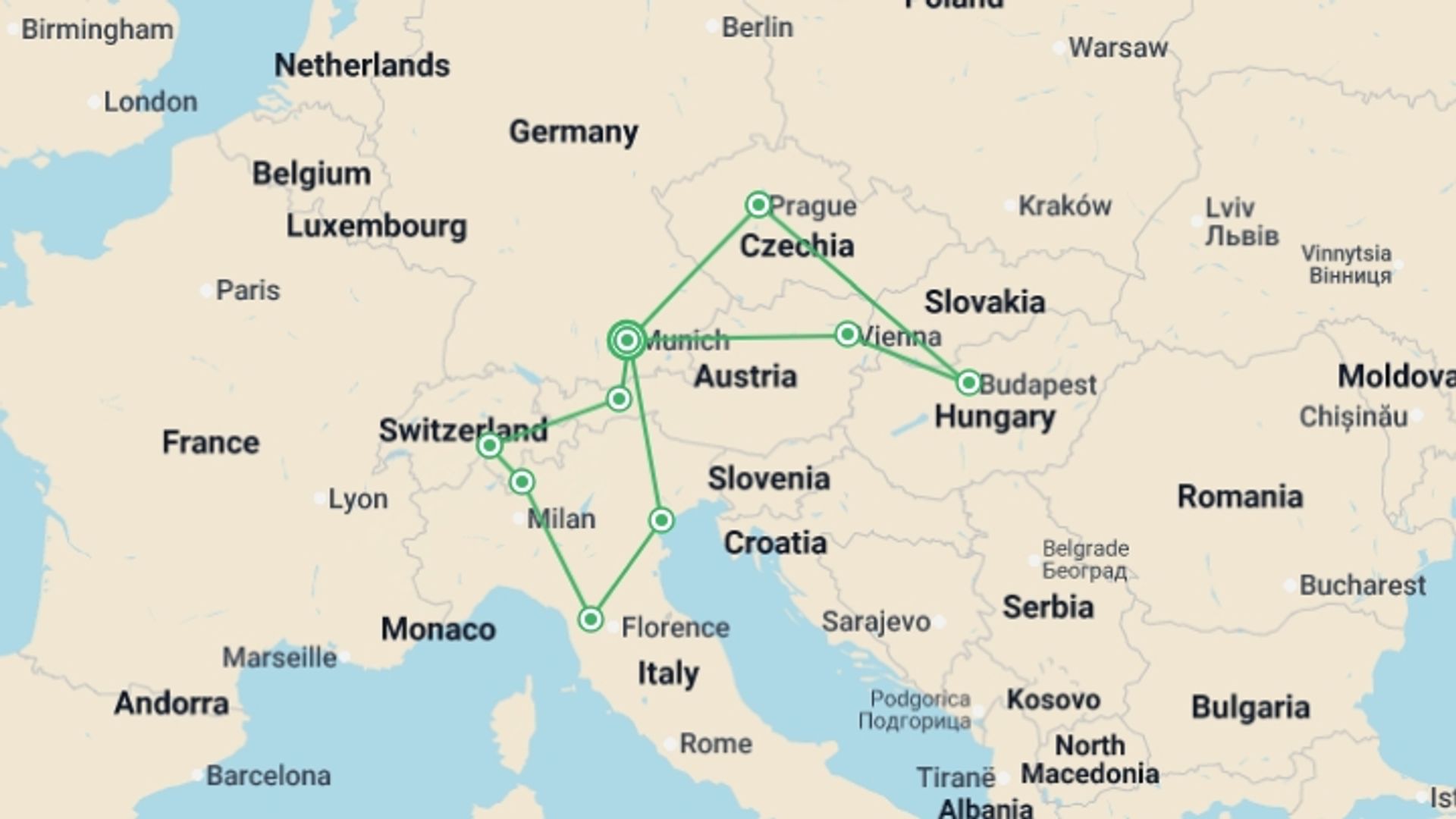 A map showing the tour itinerary for the trip: Central & Eastern Europe Explorer, starting in Munich, Germany and ending in Munich, Germany going through 8 other destinations.