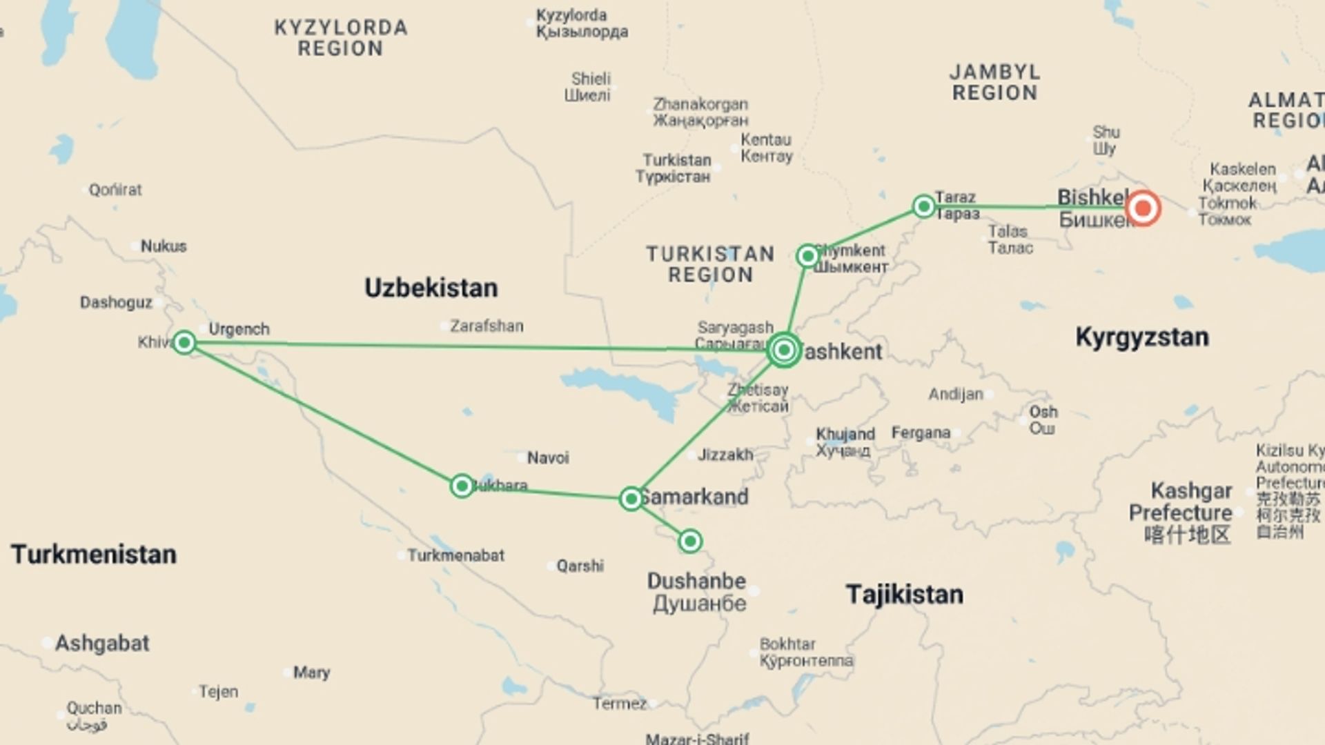 A map showing the tour itinerary for the trip: Central Asia: Uzbekistan, Tajikistan, Kazakhstan & Kyrgyzstan, starting in Tashkent, Uzbekistan and ending in Bishkek, Kyrgyzstan going through 4 other destinations.