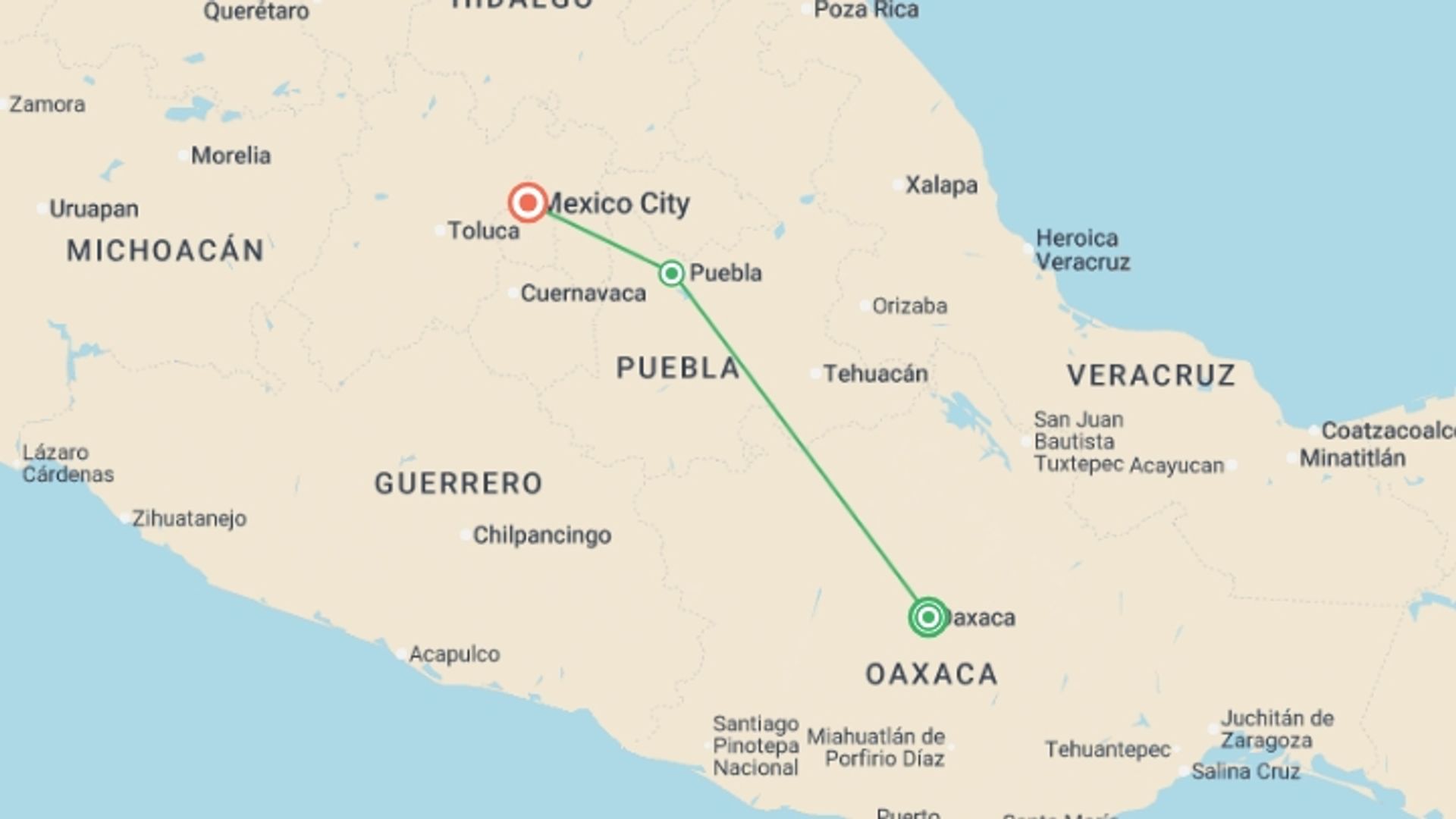 A map showing the tour itinerary for the trip: Central Mexico: Oaxaca to Mexico City, starting in Oaxaca, Mexico and ending in Mexico City, Mexico going through 2 other destinations.