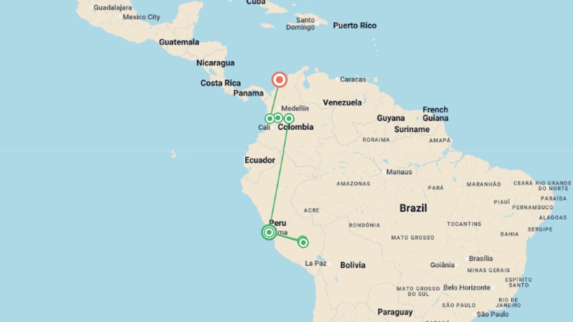 A map showing the tour itinerary for the trip: Charming Peru and Colombia, starting in Lima, Peru and ending in Cartagena, Colombia going through 6 other destinations.
