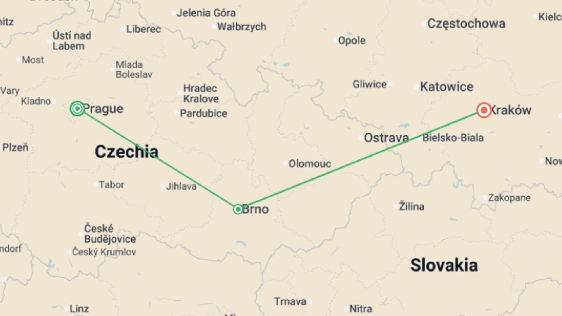 A map showing the tour itinerary for the trip: Charms of Bohemia and Moravia ending Krakow, starting in Prague, Czech Republic and ending in Krakow, Poland going through 2 other destinations.