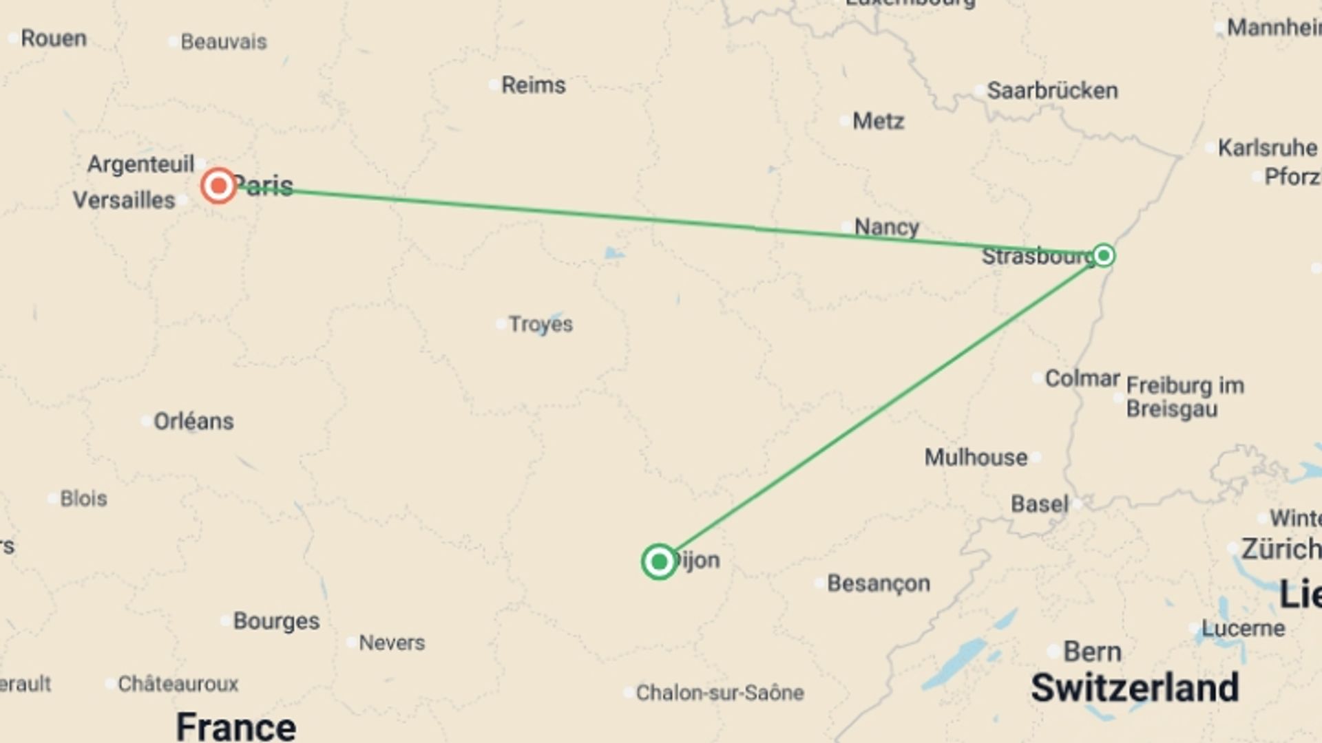 A map showing the tour itinerary for the trip: Charms of Burgundy and Alsace, starting in Paris, France and ending in Paris, France going through 3 other destinations.