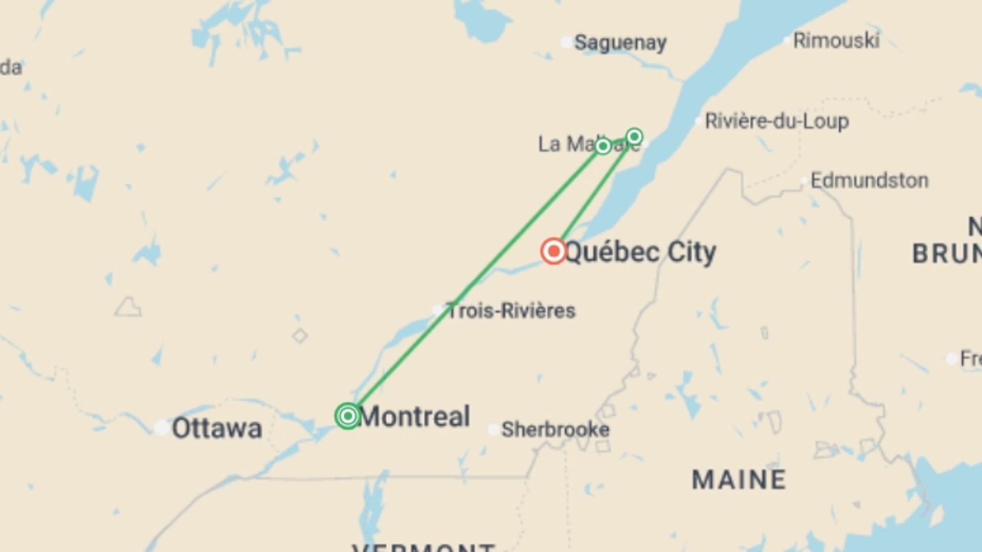A map showing the tour itinerary for the trip: Charms of Québec A Journey through Montreal, Charlevoix & Quebec City, starting in Montreal, Canada and ending in Quebec City, Canada going through 2 other destinations.