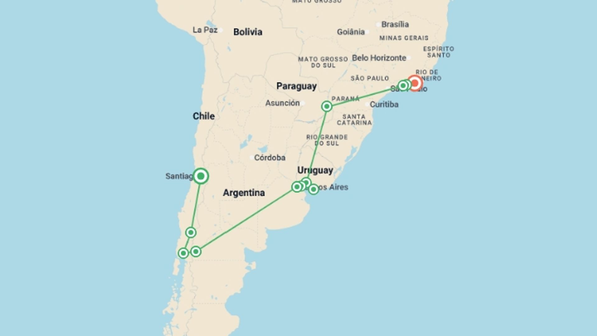 A map showing the tour itinerary for the trip: Chile to Brazil: Road Trippin’ Lake District & Beyond, starting in Santiago, Chile and ending in Rio de Janeiro, Brazil going through 9 other destinations.