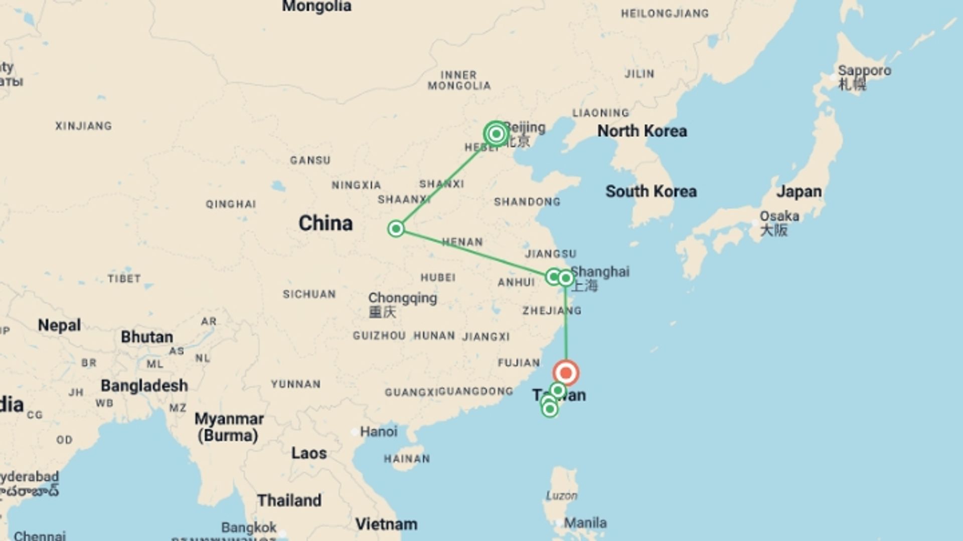 A map showing the tour itinerary for the trip: China & Taiwan: The Great Wall, Terracotta Warriors & Night Markets, starting in Beijing, China and ending in Taipei, Taiwan going through 5 other destinations.