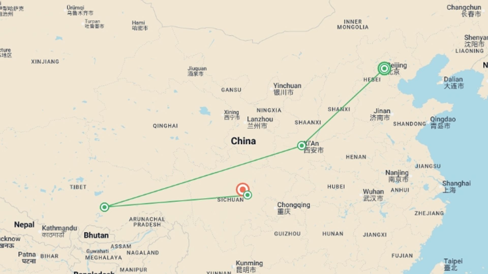 A map showing the tour itinerary for the trip: China & Tibet: Great Wall, Lhasa & Terracotta Warriors, starting in Beijing, China and ending in Chengdu, China going through 4 other destinations.