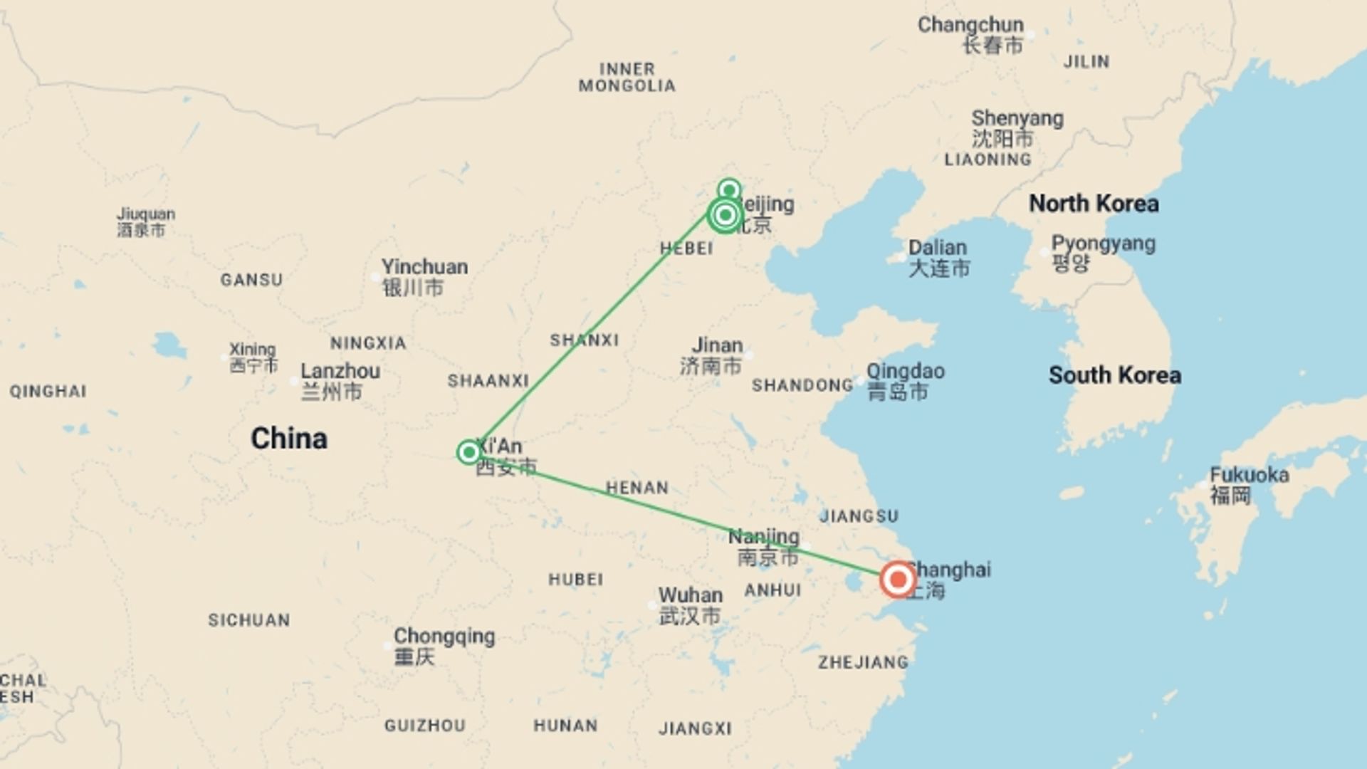A map showing the tour itinerary for the trip: China's Imperial Triangle - 8 days, starting in Beijing, China and ending in Shanghai, China going through 2 other destinations.
