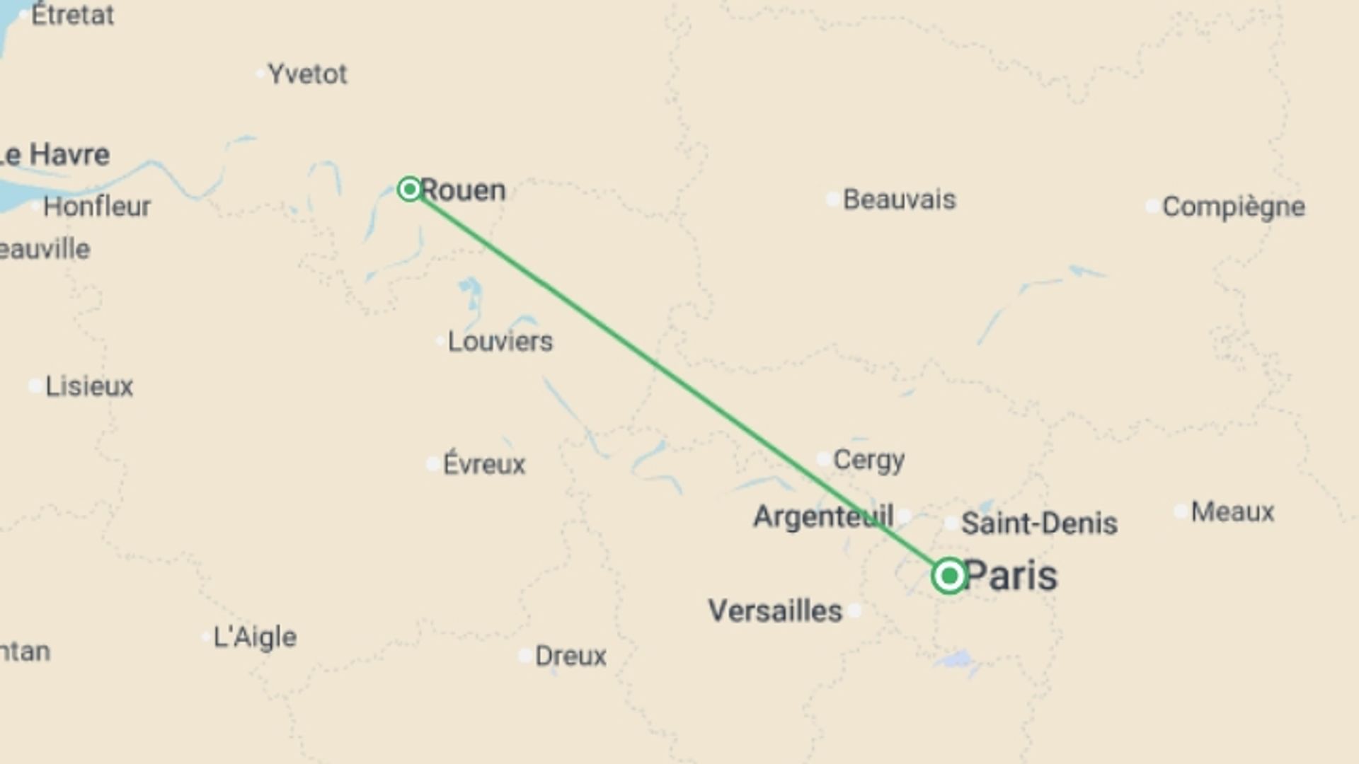 A map showing the tour itinerary for the trip: Christmas in the Seine Valley (port-to-port cruise), starting in Paris, France and ending in Paris, France going through 1 other destinations.