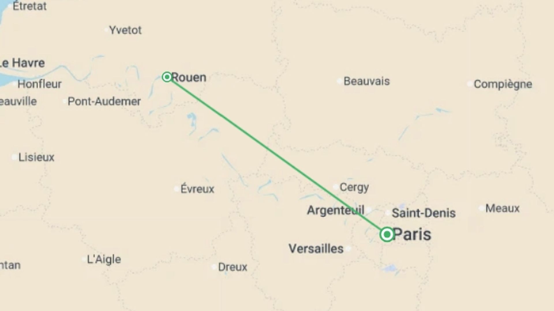 A map showing the tour itinerary for the trip: Christmas in the Seine Valley (port-to-port cruise), starting in Paris, France and ending in Paris, France going through 1 other destinations.