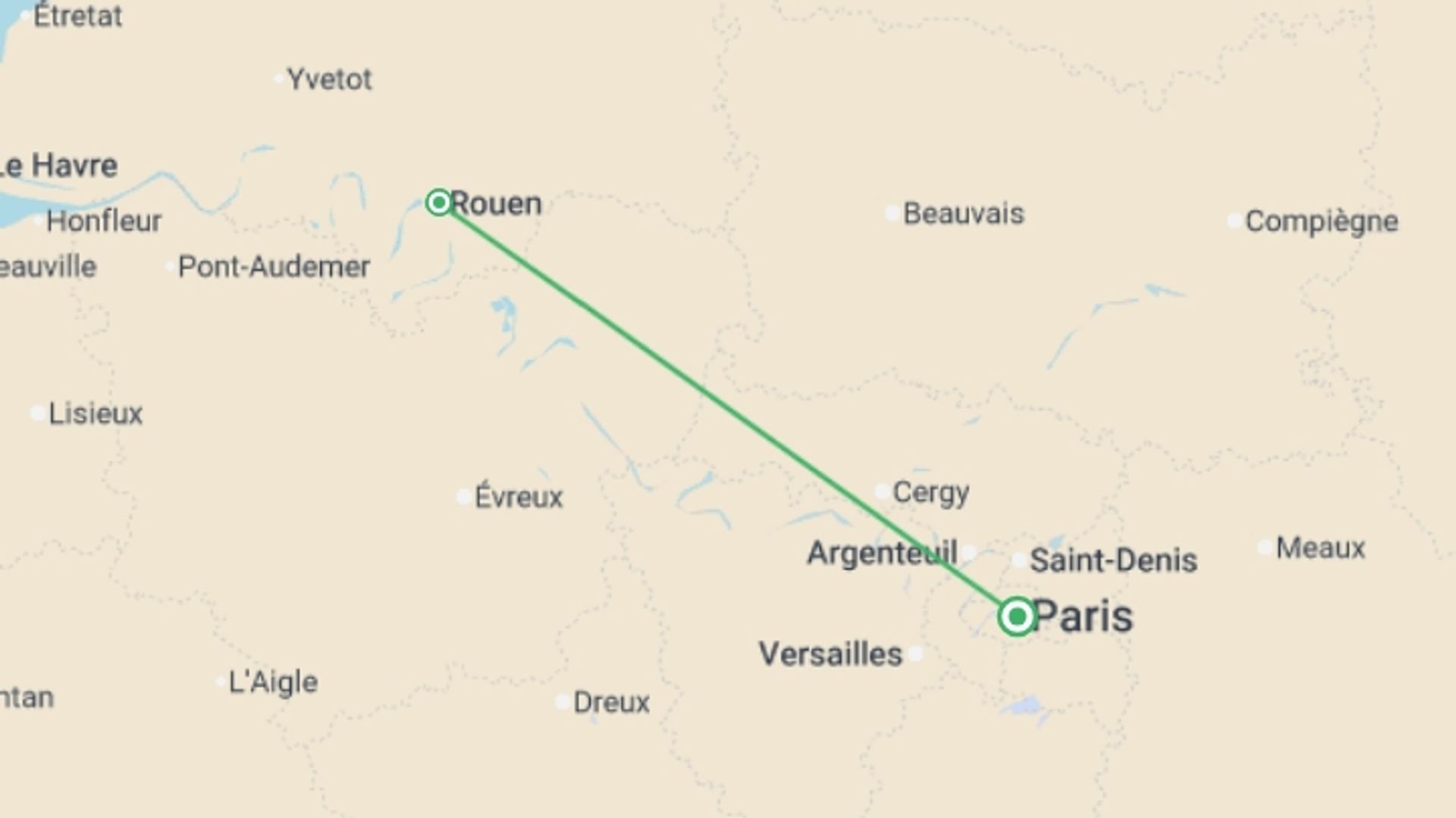 A map showing the tour itinerary for the trip: Christmas in the Seine Valley (port-to-port cruise), starting in Paris, France and ending in Paris, France going through 1 other destinations.
