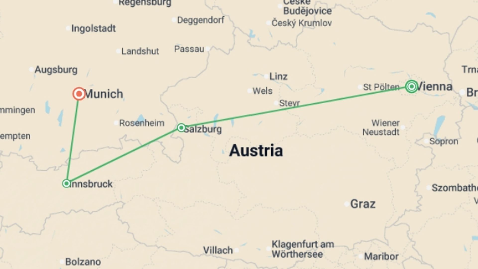 A map showing the tour itinerary for the trip: Christmas Markets of Austria and Bavaria, starting in Vienna, Austria and ending in Munich, Germany going through 4 other destinations.