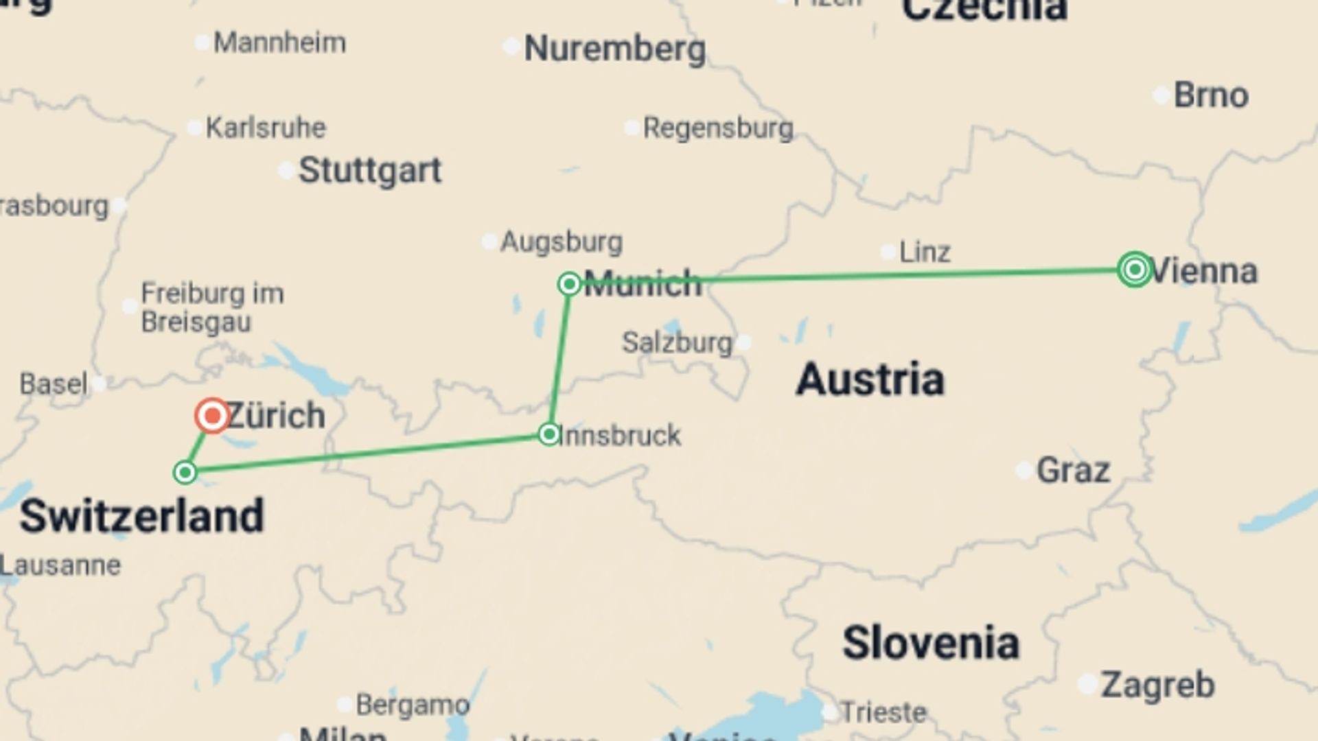 A map showing the tour itinerary for the trip: Christmas Markets of Austria, Germany and Switzerland, starting in Vienna, Austria and ending in Zurich, Switzerland going through 5 other destinations.