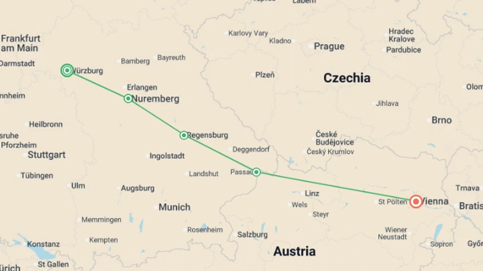 A map showing the tour itinerary for the trip: Christmas on the Danube featuring a 6-Night Danube River Cruise, starting in Wurzburg, Germany and ending in Vienna, Austria going through 5 other destinations.