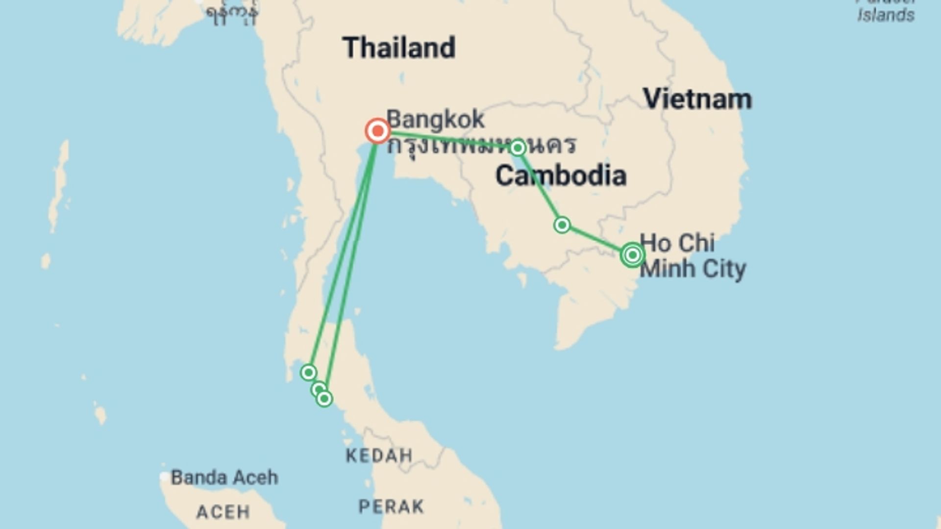 A map showing the tour itinerary for the trip: Classic Cambodia and Thai Islands – West Coast, starting in Ho Chi Minh City, Vietnam and ending in Bangkok, Thailand going through 5 other destinations.