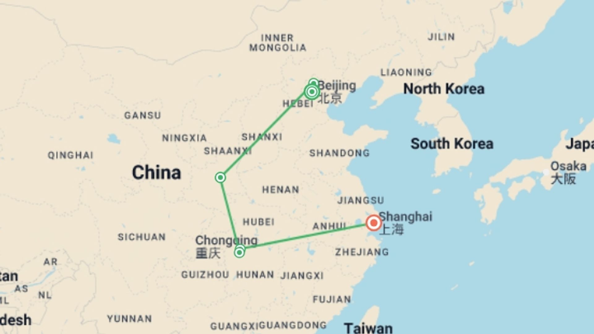 A map showing the tour itinerary for the trip: Classic China & Zhangjiajie - 10 days, starting in Beijing, China and ending in Shanghai, China going through 3 other destinations.