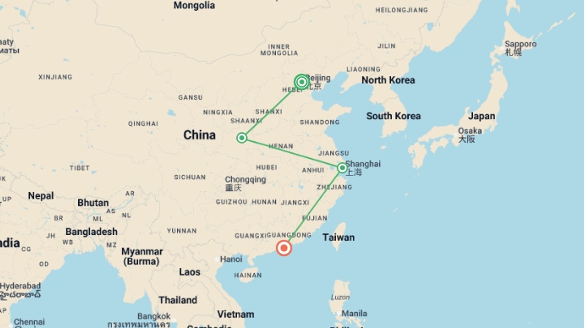 A map showing the tour itinerary for the trip: Classic Chinese Mainland and Hong Kong, starting in Beijing, China and ending in Hong Kong, Hong Kong going through 4 other destinations.