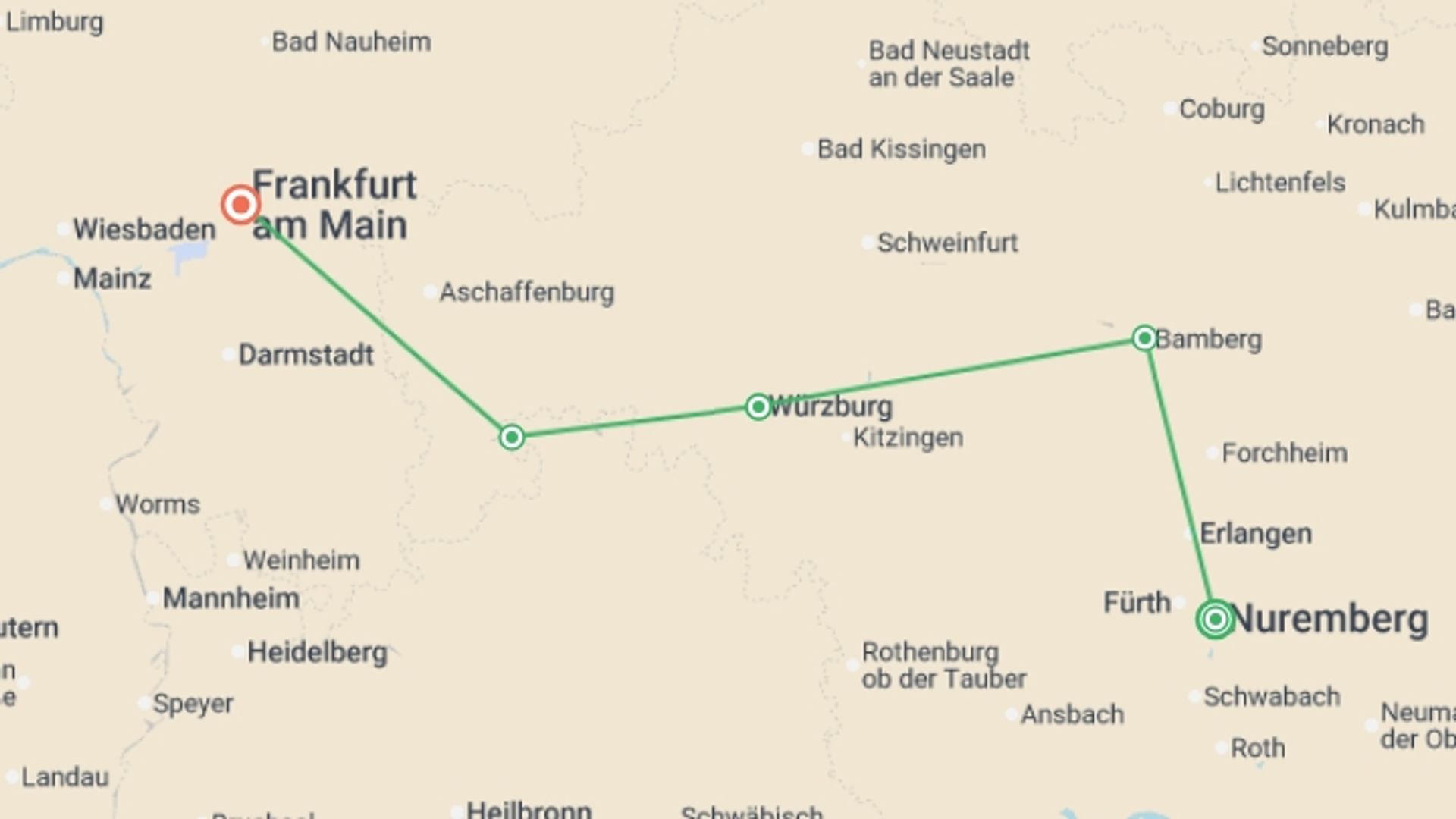 A map showing the tour itinerary for the trip: Classic Christmas Markets (2028), starting in Frankfurt, Germany and ending in Nuremberg, Germany going through 3 other destinations.