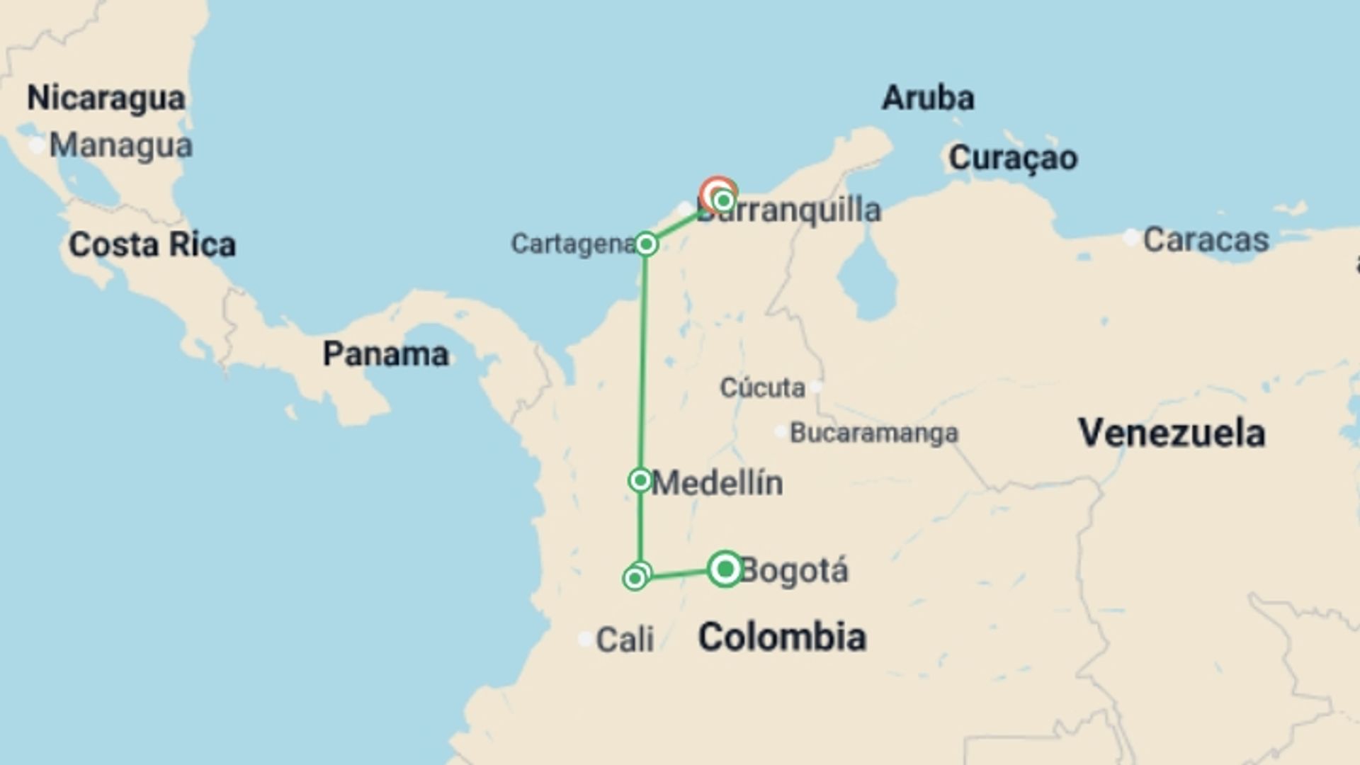 A map showing the tour itinerary for the trip: Classic Colombia, starting in Bogota, Colombia and ending in Santa Marta, Colombia going through 5 other destinations.