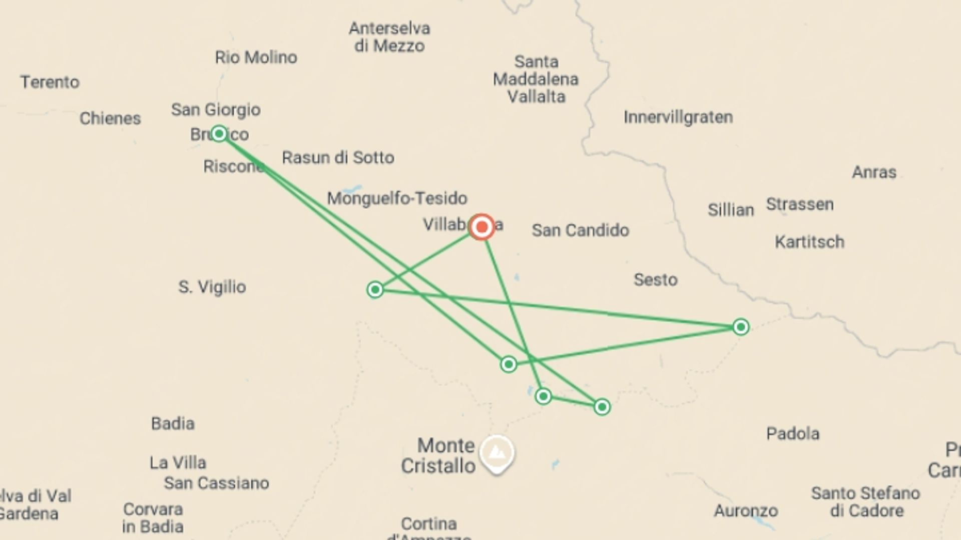 A map showing the tour itinerary for the trip: Classic Dolomites Hikes - Premium Adventure, starting in Dolomites, Italy and ending in Dolomites, Italy going through 2 other destinations.
