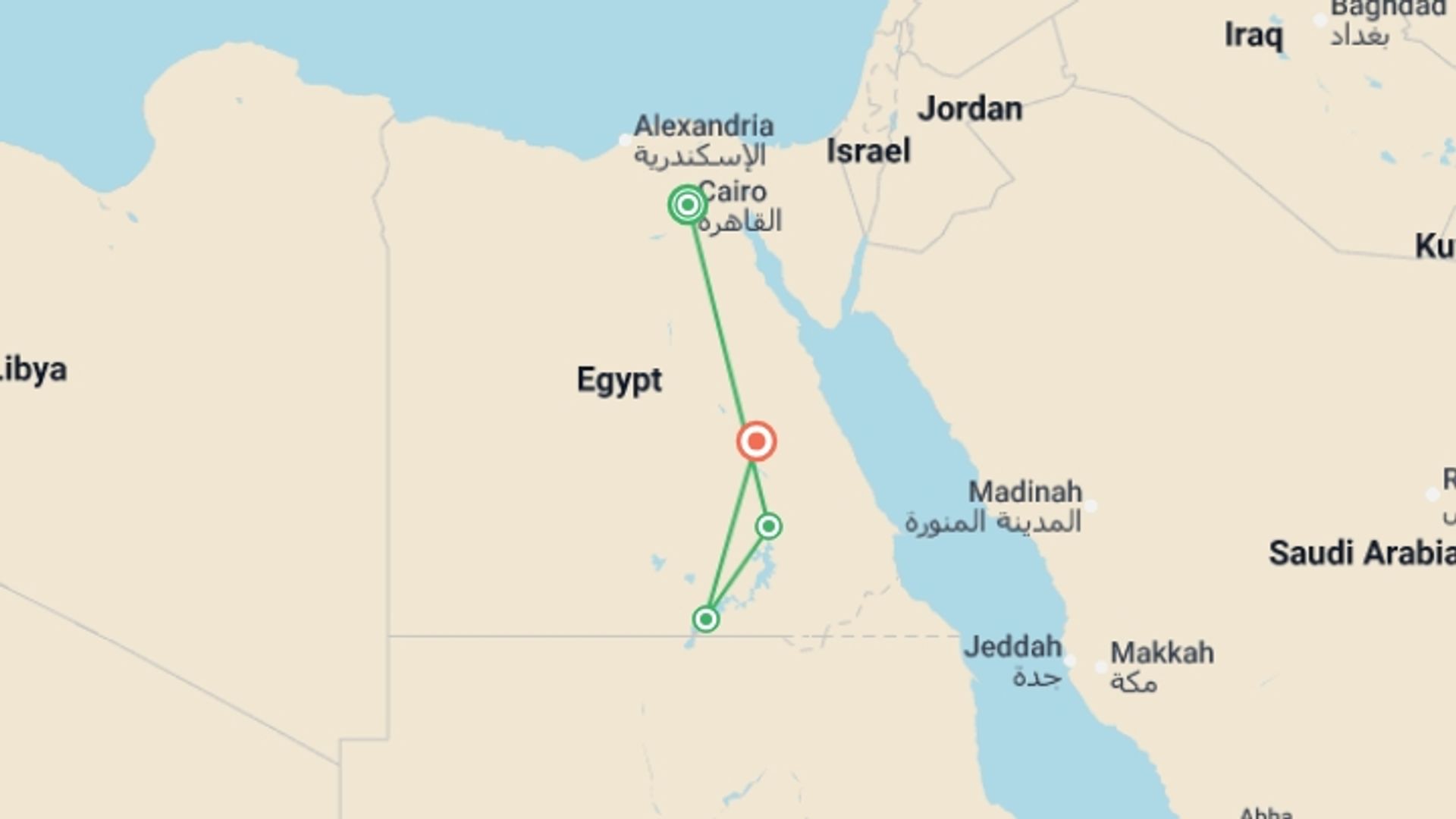 A map showing the tour itinerary for the trip: Classic Egypt with Nile Cruise, starting in Cairo, Egypt and ending in Luxor, Egypt going through 3 other destinations.