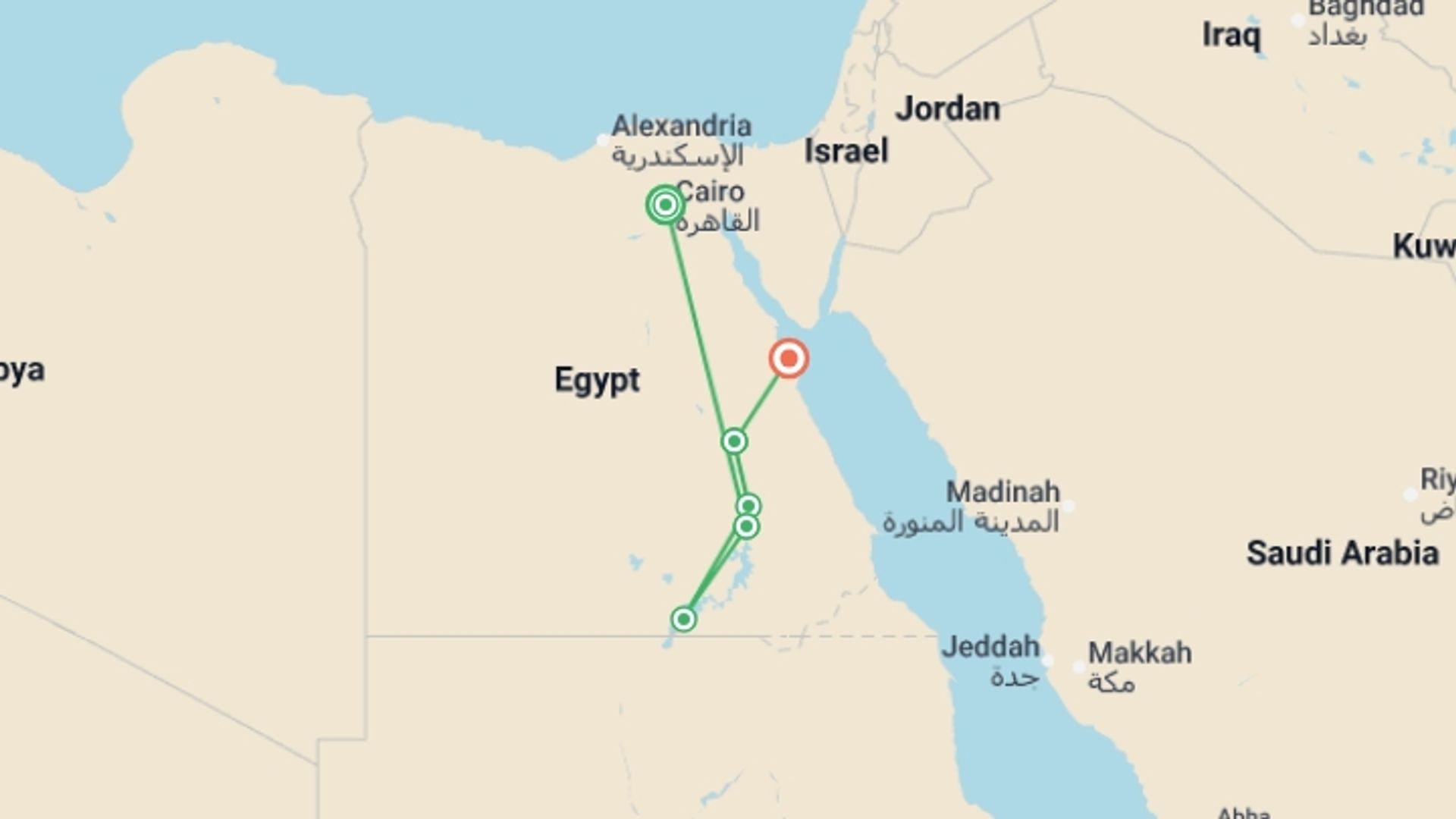 A map showing the tour itinerary for the trip: Classic Egypt with Nile Cruise + Red Sea Extension, starting in Cairo, Egypt and ending in Hurghada, Egypt going through 6 other destinations.