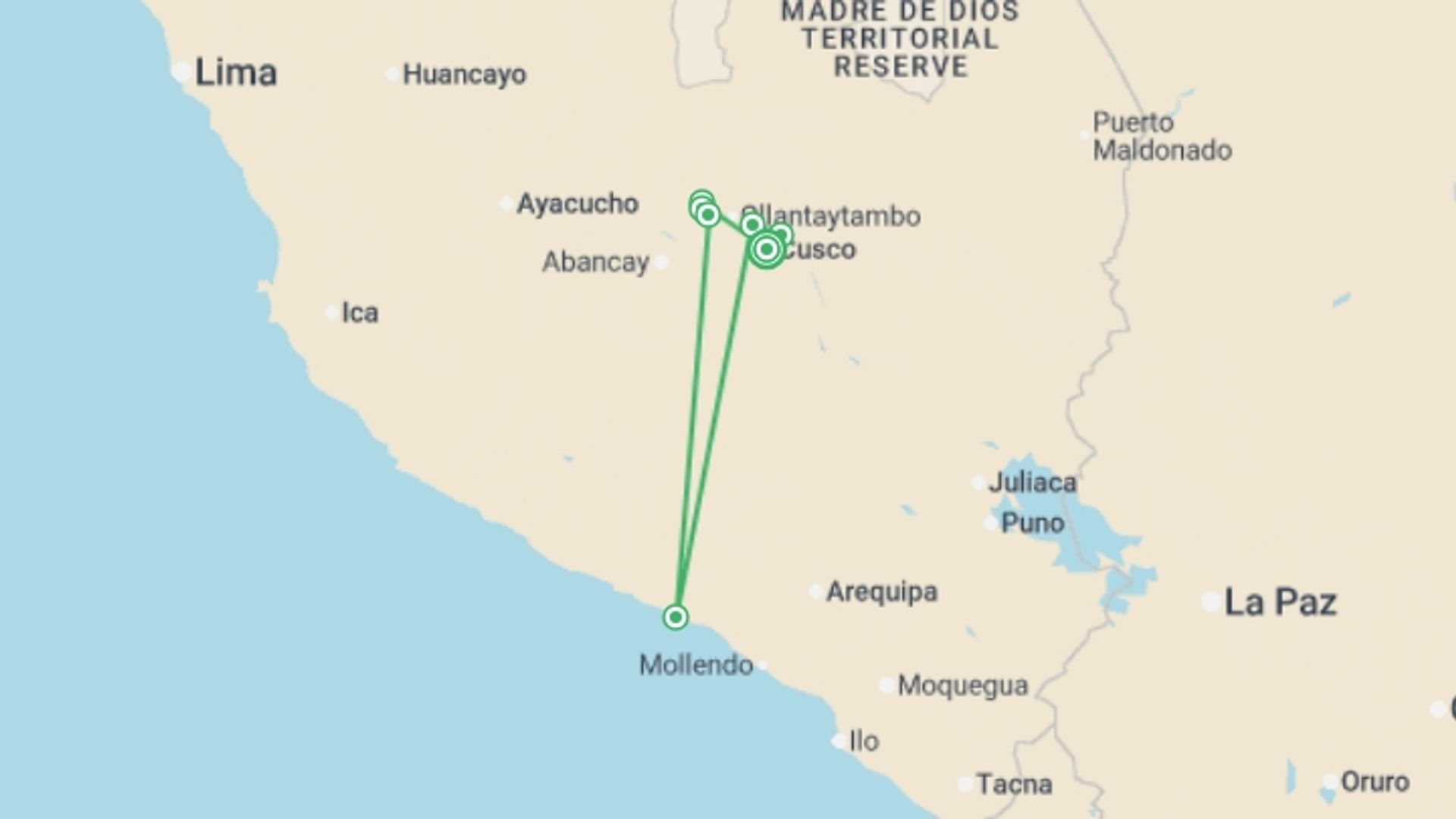 A map showing the tour itinerary for the trip: Classic Inca Trail, starting in Lima, Peru and ending in Cusco, Peru going through 6 other destinations.