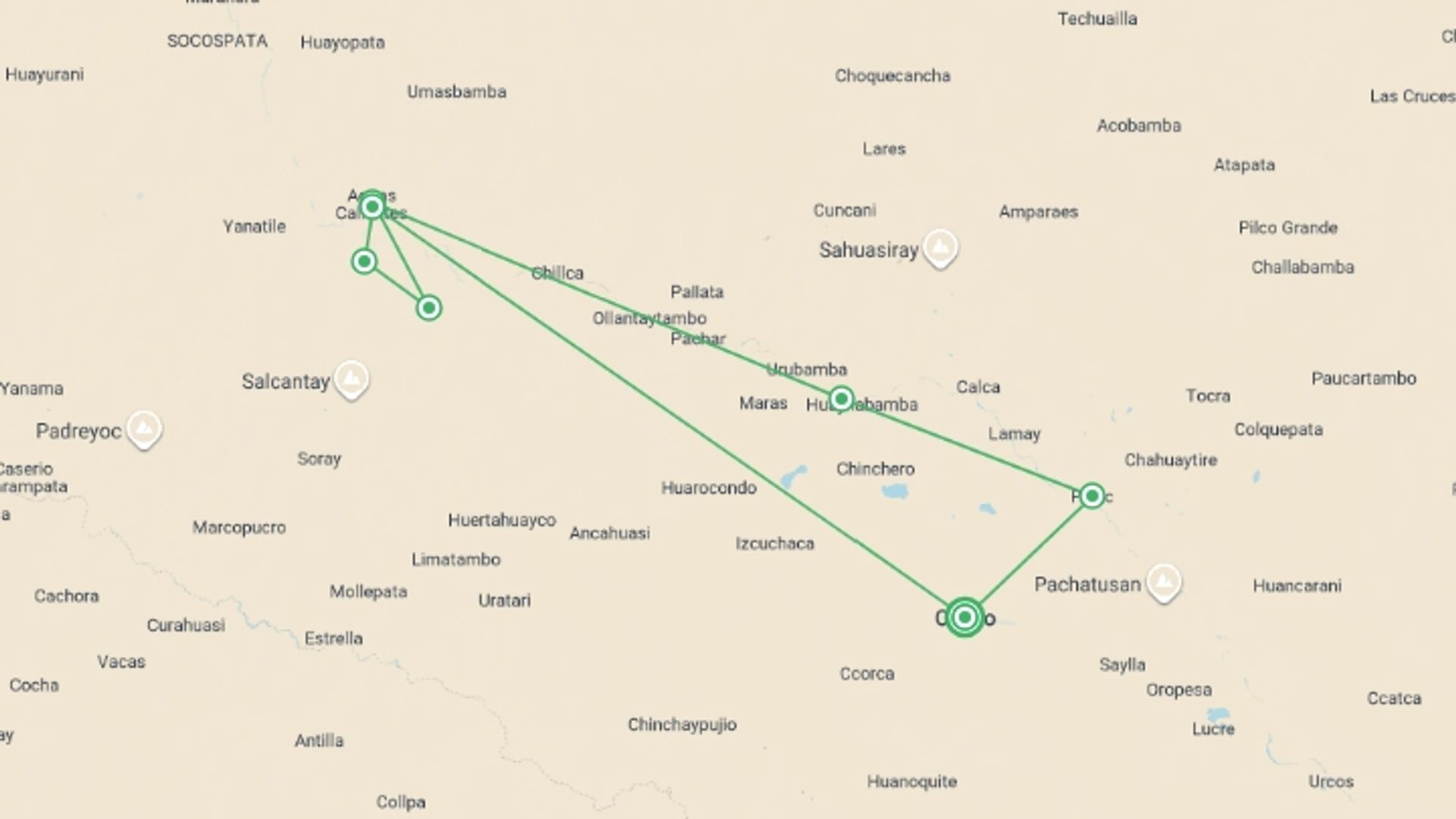 A map showing the tour itinerary for the trip: Classic Inca Trail, starting in Lima, Peru and ending in Cusco, Peru going through 6 other destinations.