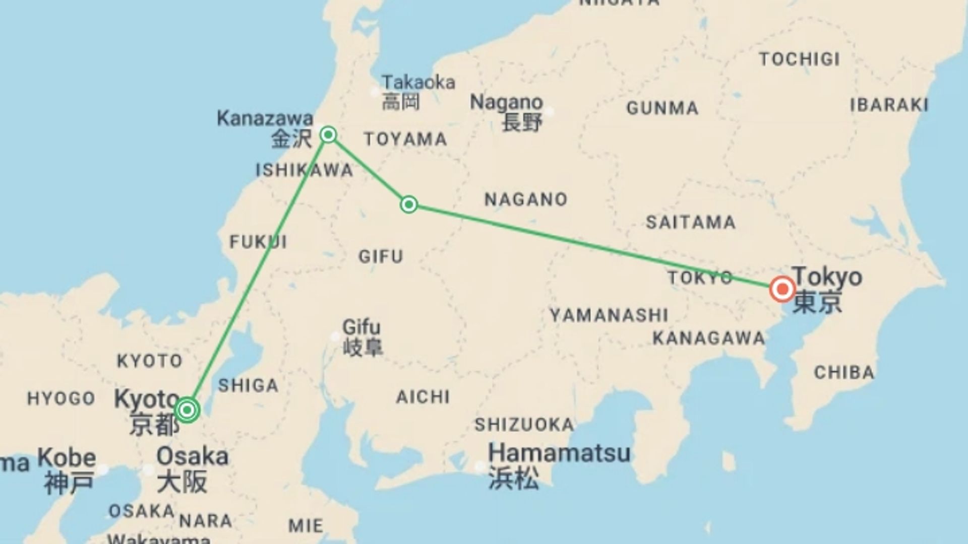 A map showing the tour itinerary for the trip: Classic Japan Starting Osaka, starting in Osaka, Japan and ending in Tokyo, Japan going through 5 other destinations.