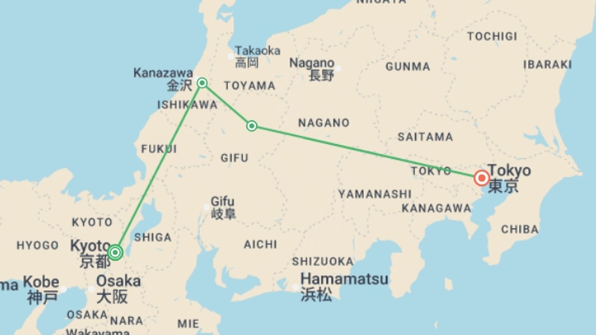 A map showing the tour itinerary for the trip: Classic Japan Starting Osaka, starting in Osaka, Japan and ending in Tokyo, Japan going through 5 other destinations.