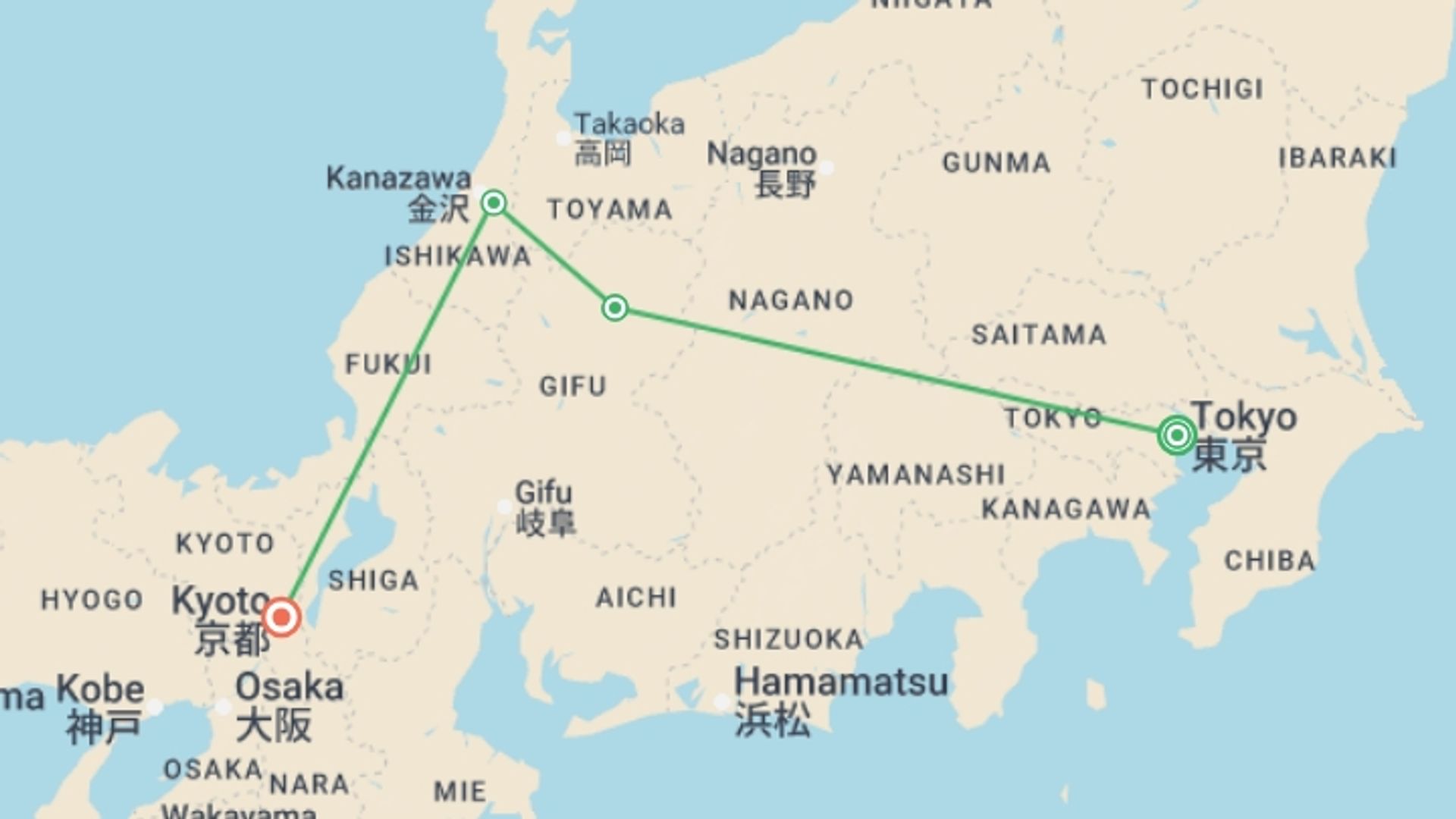 A map showing the tour itinerary for the trip: Classic Japan Starting Tokyo, starting in Tokyo, Japan and ending in Kyoto, Japan going through 4 other destinations.