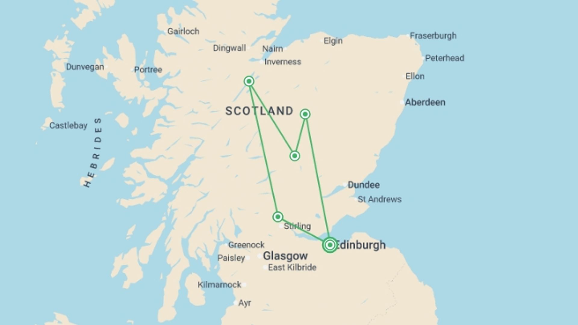 A map showing the tour itinerary for the trip: Scotland: Edinburgh to the Highlands, starting in Edinburgh, Scotland and ending in Edinburgh, Scotland going through 4 other destinations.