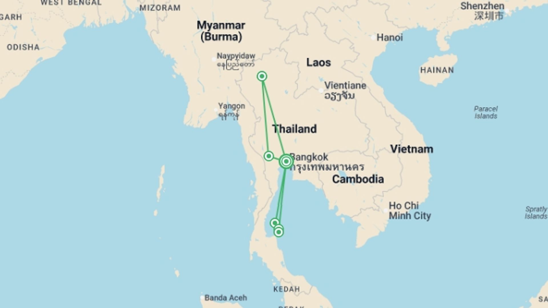A map showing the tour itinerary for the trip: Classic Thailand & Island Hopping - East Coast, starting in Bangkok, Thailand and ending in Bangkok, Thailand going through 5 other destinations.