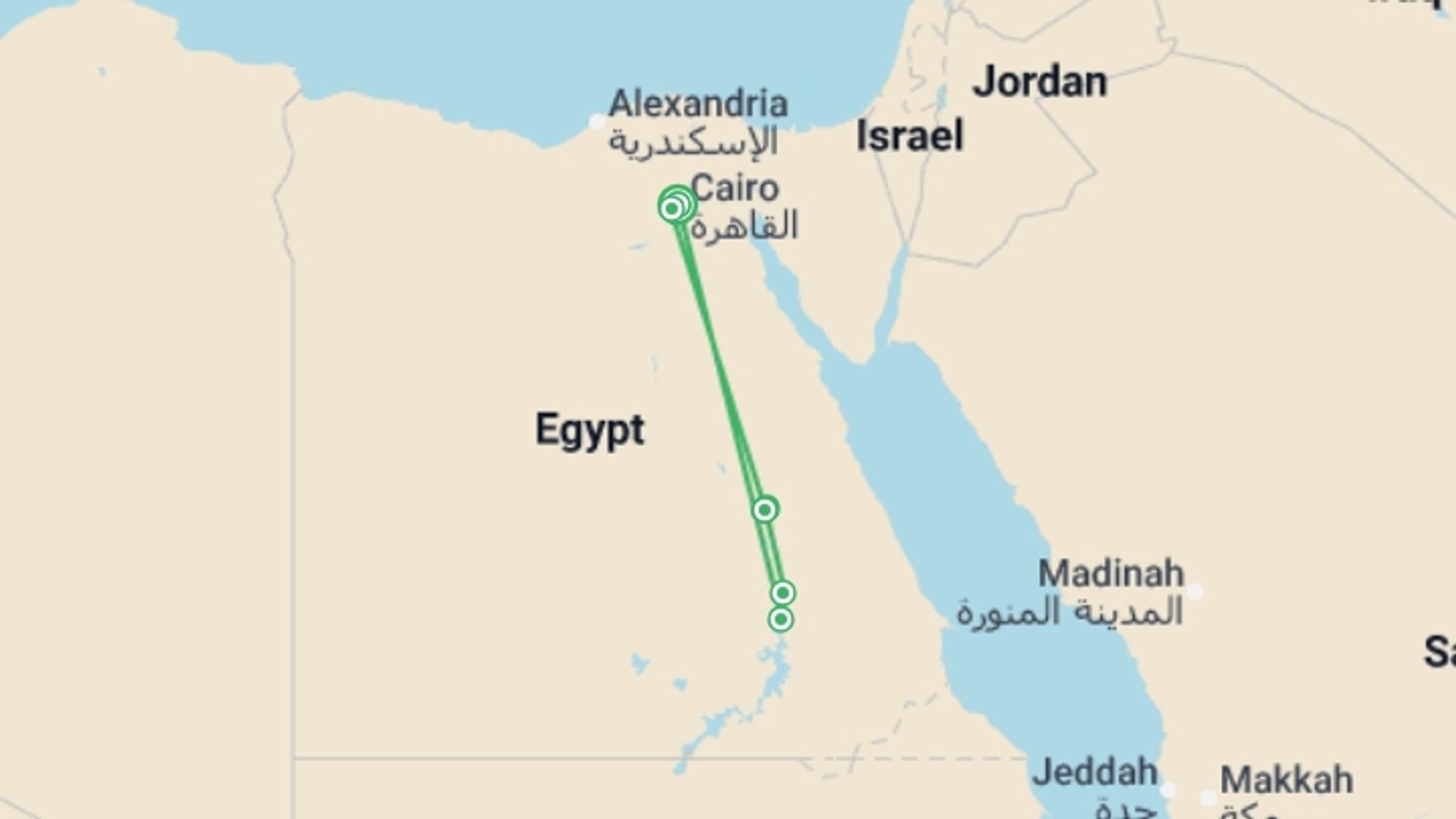 A map showing the tour itinerary for the trip: Classical Egypt & Luxor Total Eclipse 2027 - 11 days, starting in Cairo, Egypt and ending in Cairo, Egypt going through 4 other destinations.