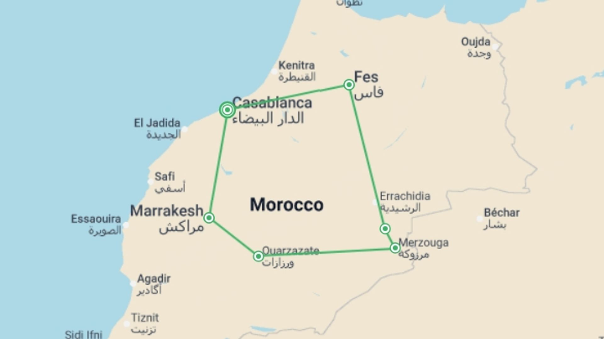 A map showing the tour itinerary for the trip: Classical Grand Tour of Morocco, starting in Casablanca, Morocco and ending in Casablanca, Morocco going through 4 other destinations.