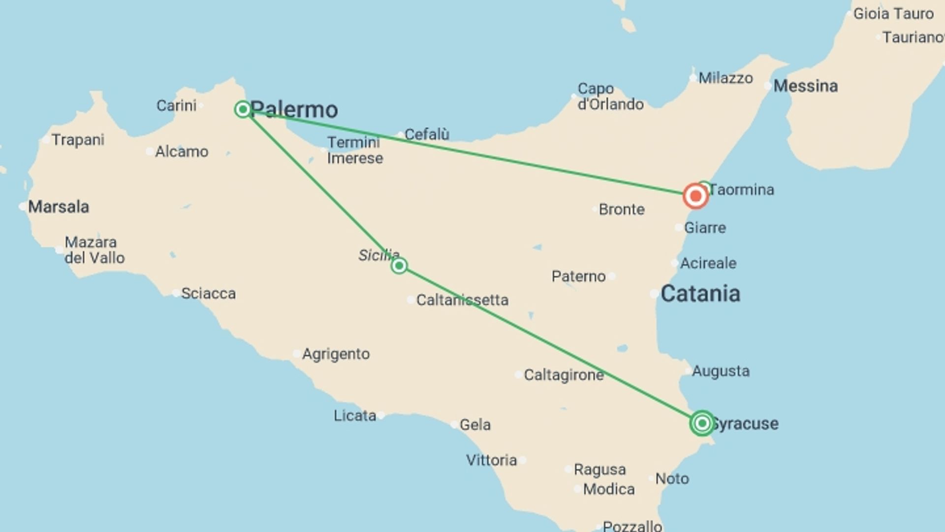 A map showing the tour itinerary for the trip: Classical Sicily, starting in Syracuse, Italy and ending in Giardini Naxos, Italy going through 5 other destinations.