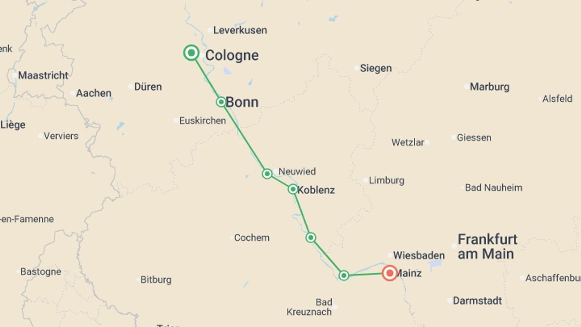 A map showing the tour itinerary for the trip: Cologne to Mainz by Bike and Barge, starting in Mainz, Germany and ending in Cologne, Germany going through 4 other destinations.